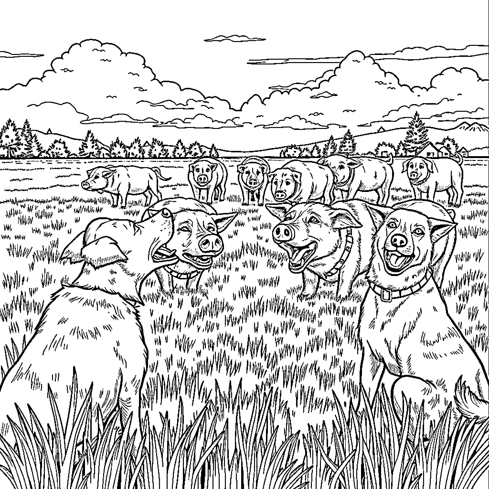 Dog Pack Enjoying the Outdoors Coloring Page (free black-and-white line drawing printable PDF for all, from beginners to advanced learners, including children, teens, adults, and seniors)