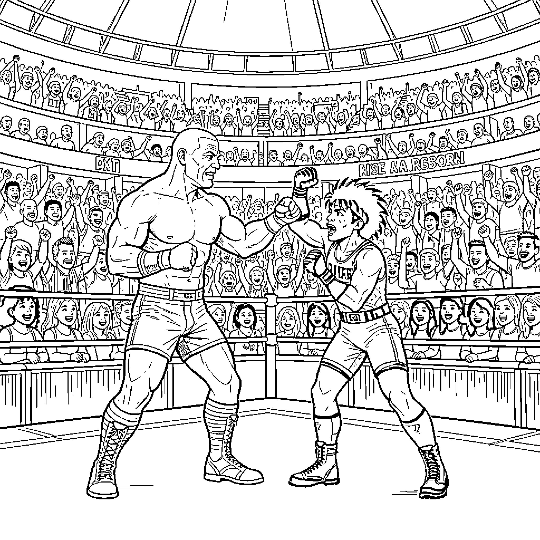 Wrestler facing off against an opponent in an arena Coloring Page (free black-and-white line drawing printable PDF for all, from beginners to advanced learners, including children, teens, adults, and seniors)