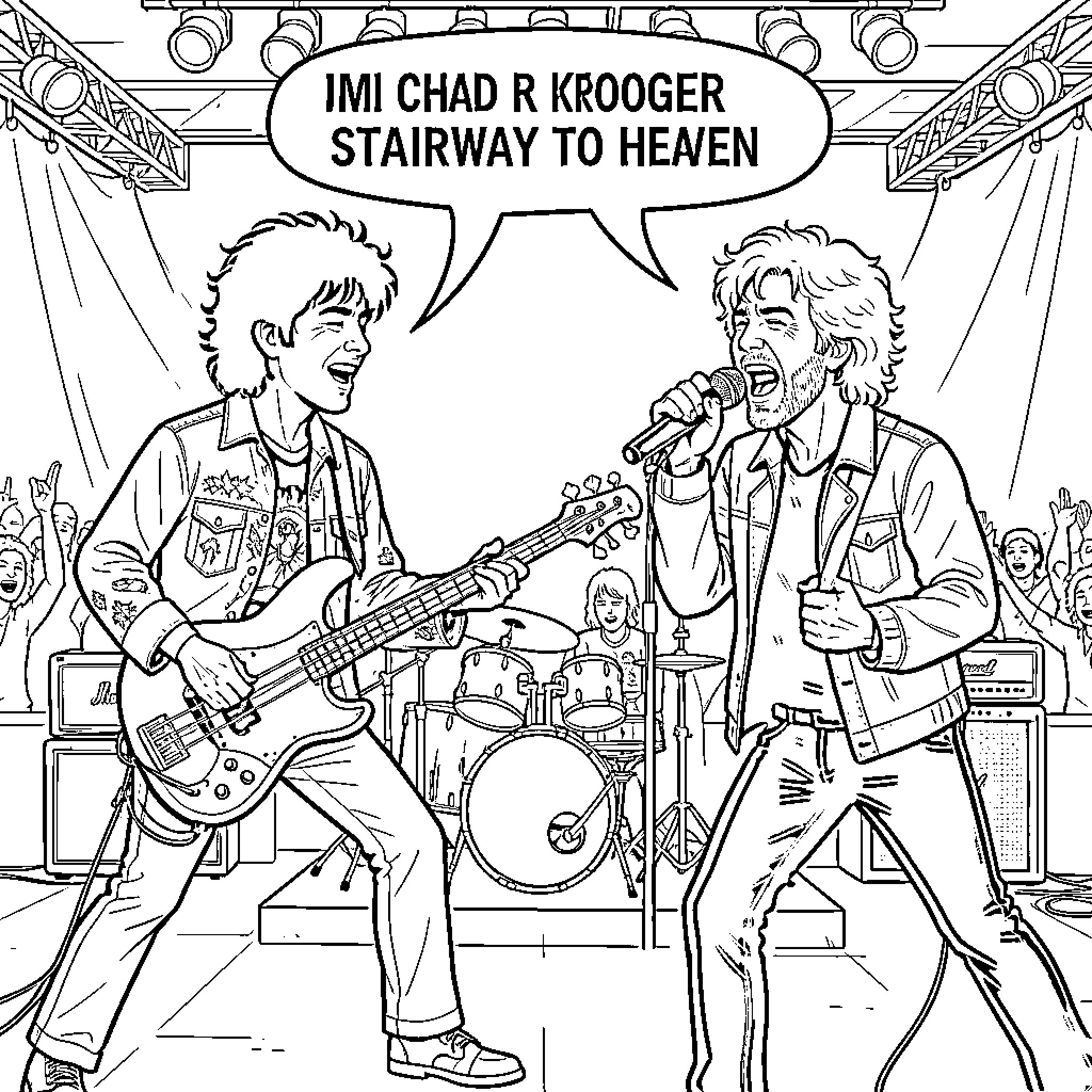 Jimmi Hendrix style musicians performing rock music on stage Coloring Page (free black-and-white line drawing printable PDF for all, from beginners to advanced learners, including children, teens, adults, and seniors)
