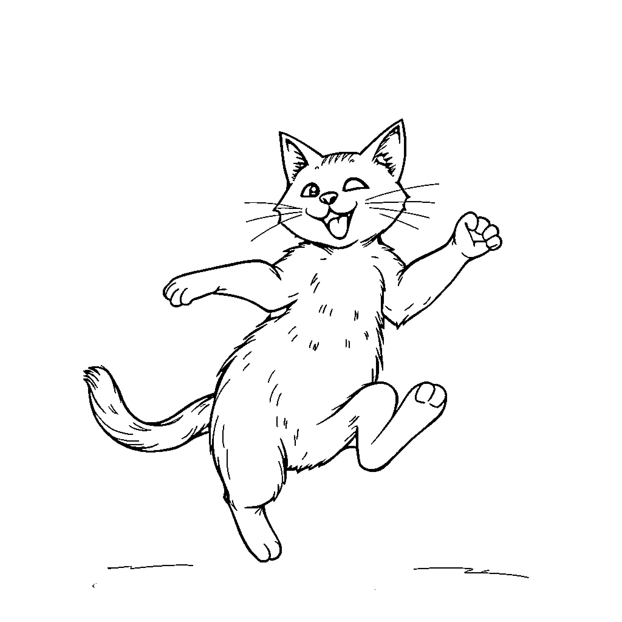 Cat playing joyfully Coloring Page (free black-and-white line drawing printable PDF for all, from beginners to advanced learners, including children, teens, adults, and seniors)