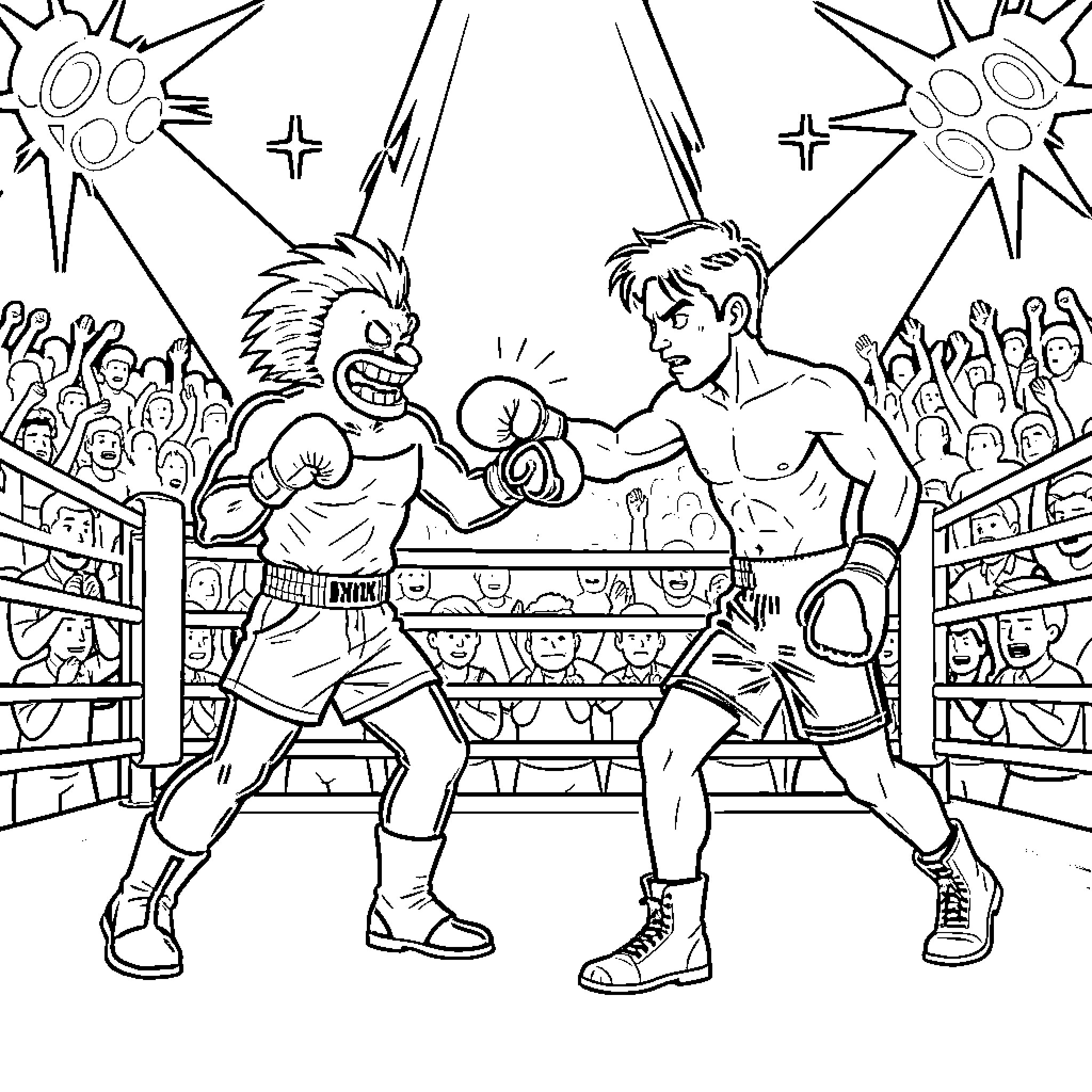 Freddy's Furious Fight in the Boxing Ring Coloring Page (free black-and-white line drawing printable PDF for all, from beginners to advanced learners, including children, teens, adults, and seniors)