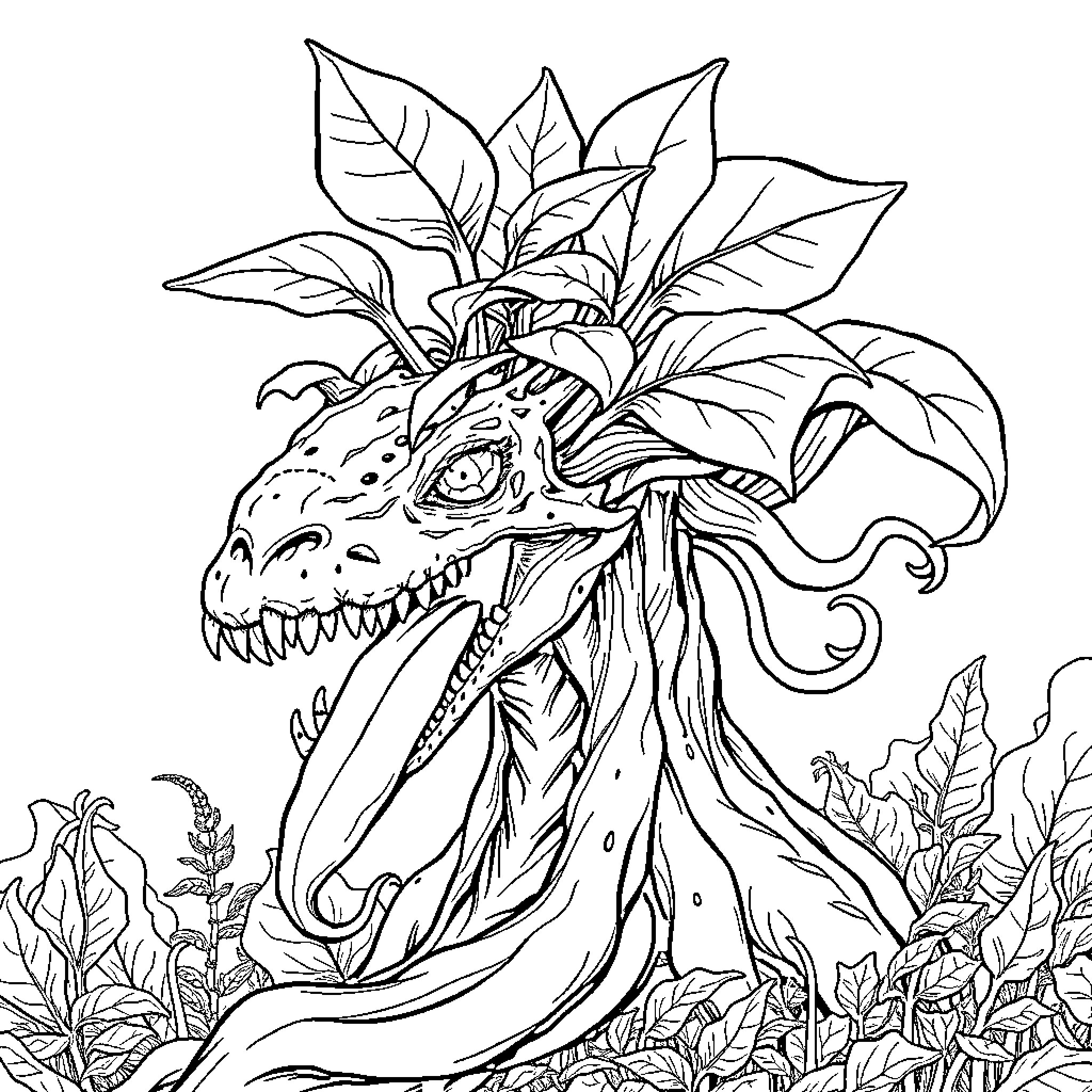 Superthing Fierce Dragon Surrounded by Lush Foliage Coloring Page (free black-and-white line drawing printable PDF for all, from beginners to advanced learners, including children, teens, adults, and seniors)