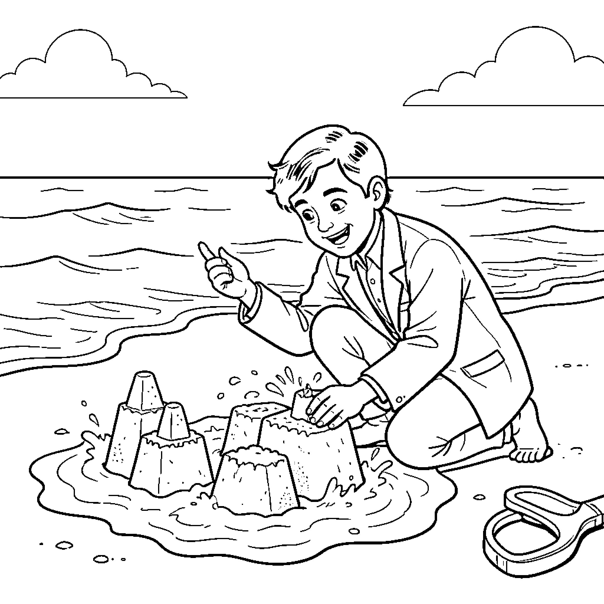 Jose Rizal building a sandcastle on the beach Coloring Page (free black-and-white line drawing printable PDF for all, from beginners to advanced learners, including children, teens, adults, and seniors)