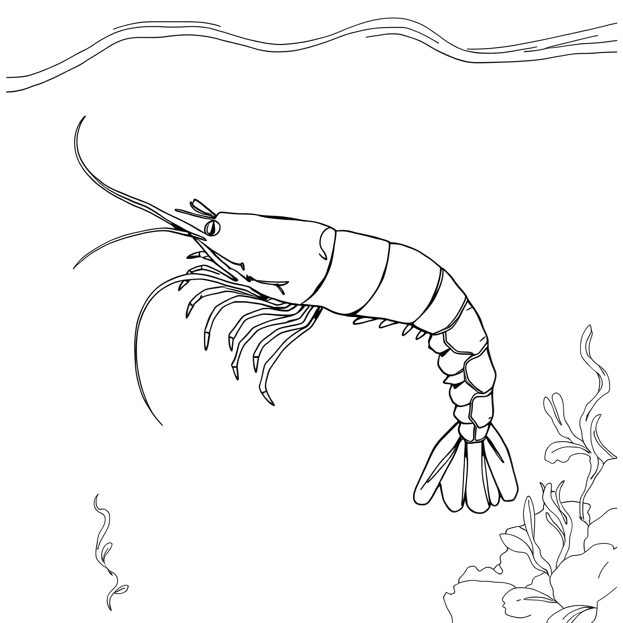 Shrimp swimming gracefully in the ocean Coloring Page (free black-and-white line drawing printable PDF for all, from beginners to advanced learners, including children, teens, adults, and seniors)