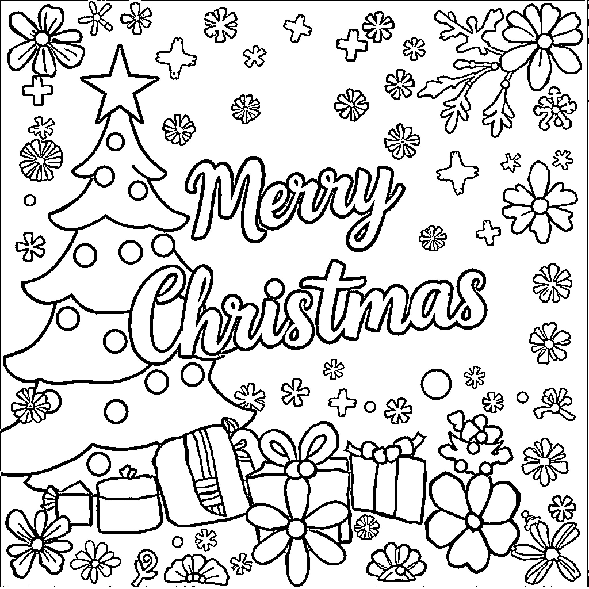 Christmas Decorations and Wishes Coloring Page (free black-and-white line drawing printable PDF for all, from beginners to advanced learners, including children, teens, adults, and seniors)