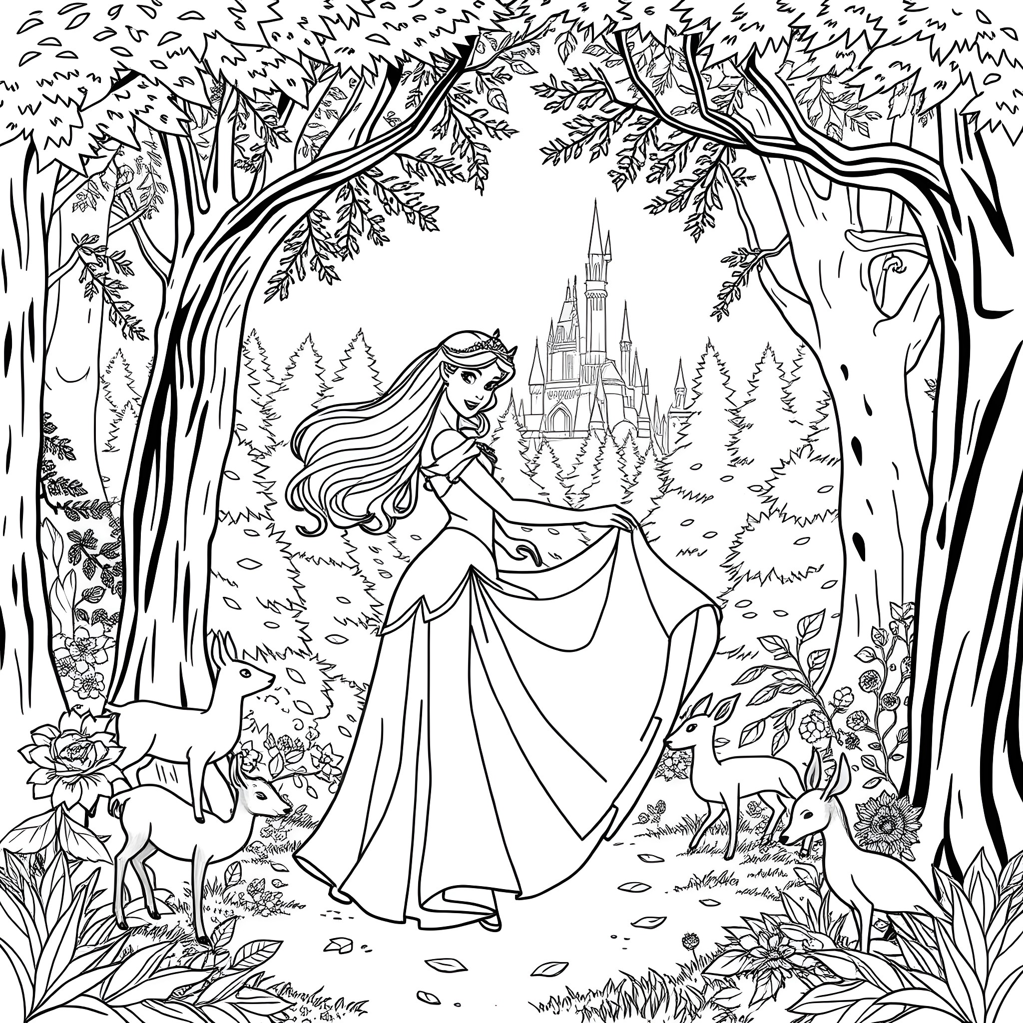 Aurora's Enchanted Forest Adventure Coloring Page (free black-and-white line drawing printable PDF for all, from beginners to advanced learners, including children, teens, adults, and seniors)