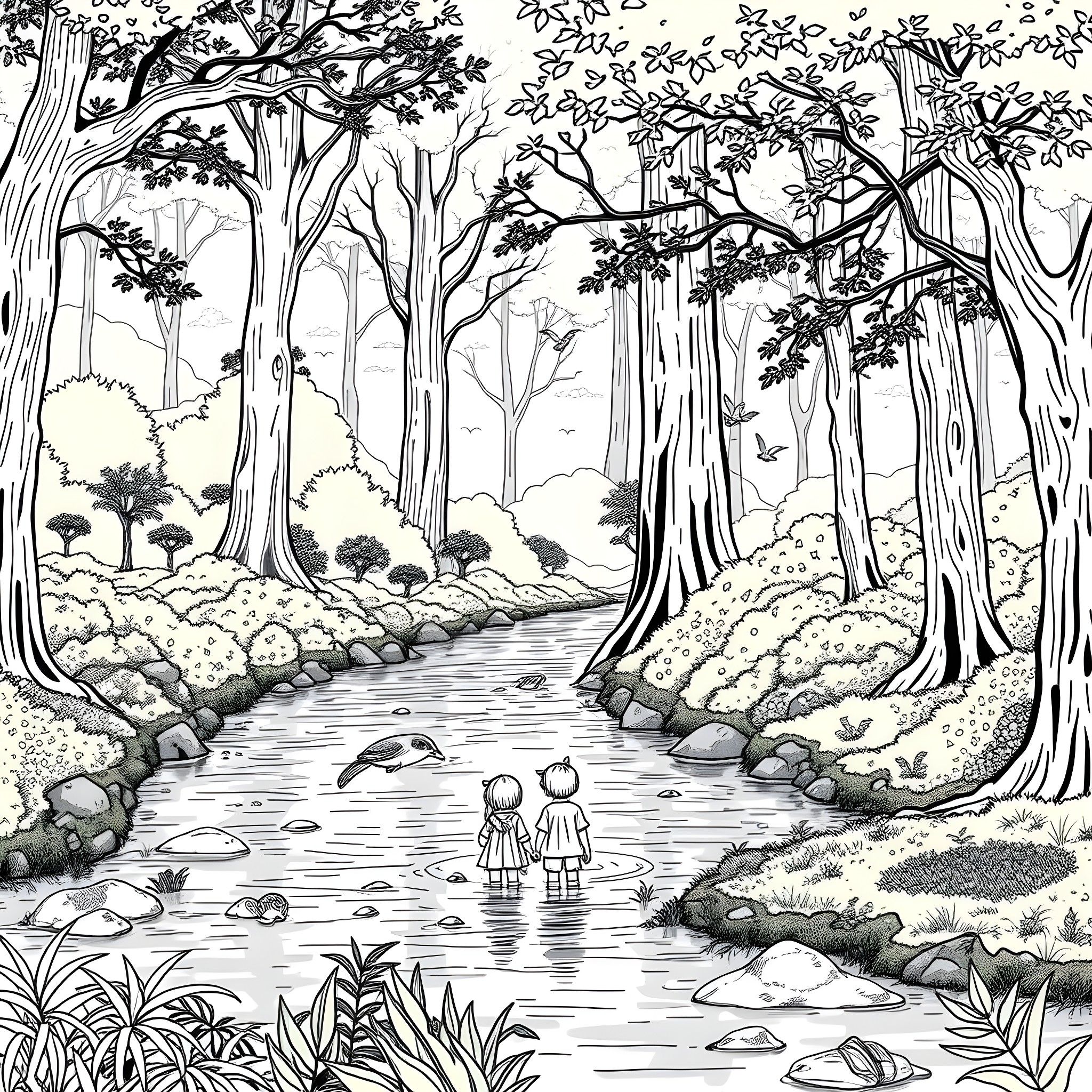 Child exploring peaceful forest stream with animals Coloring Page (free black-and-white line drawing printable PDF for all, from beginners to advanced learners, including children, teens, adults, and seniors)