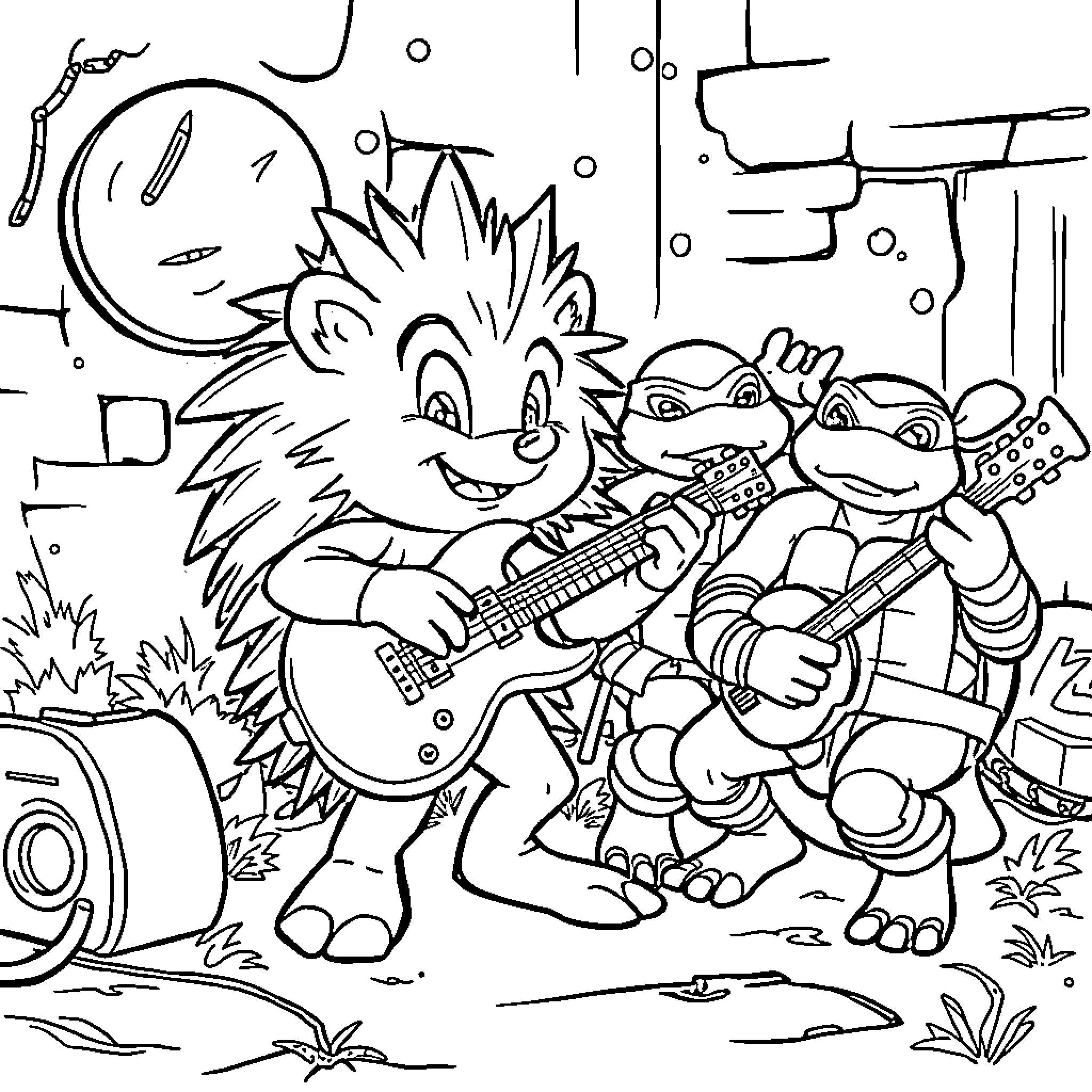 Hedgehog Band Performing Outdoors Coloring Page (free black-and-white line drawing printable PDF for all, from beginners to advanced learners, including children, teens, adults, and seniors)