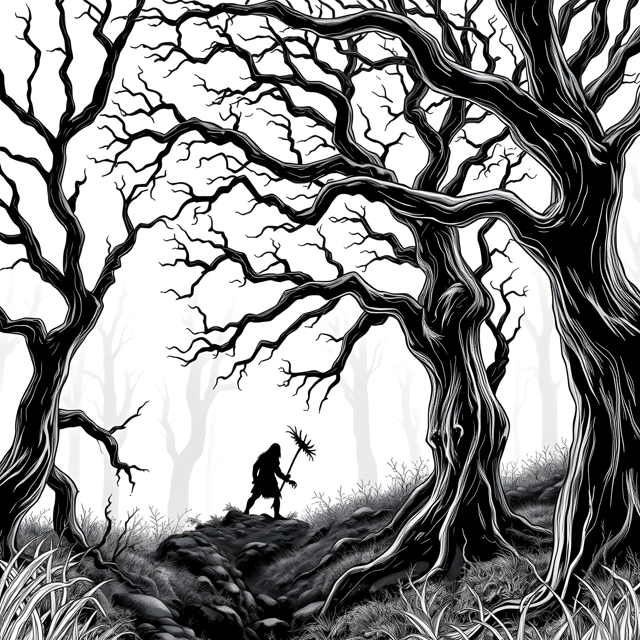 Wendigo in the Twisted Woodland Coloring Page (free black-and-white line drawing printable PDF for all, from beginners to advanced learners, including children, teens, adults, and seniors)