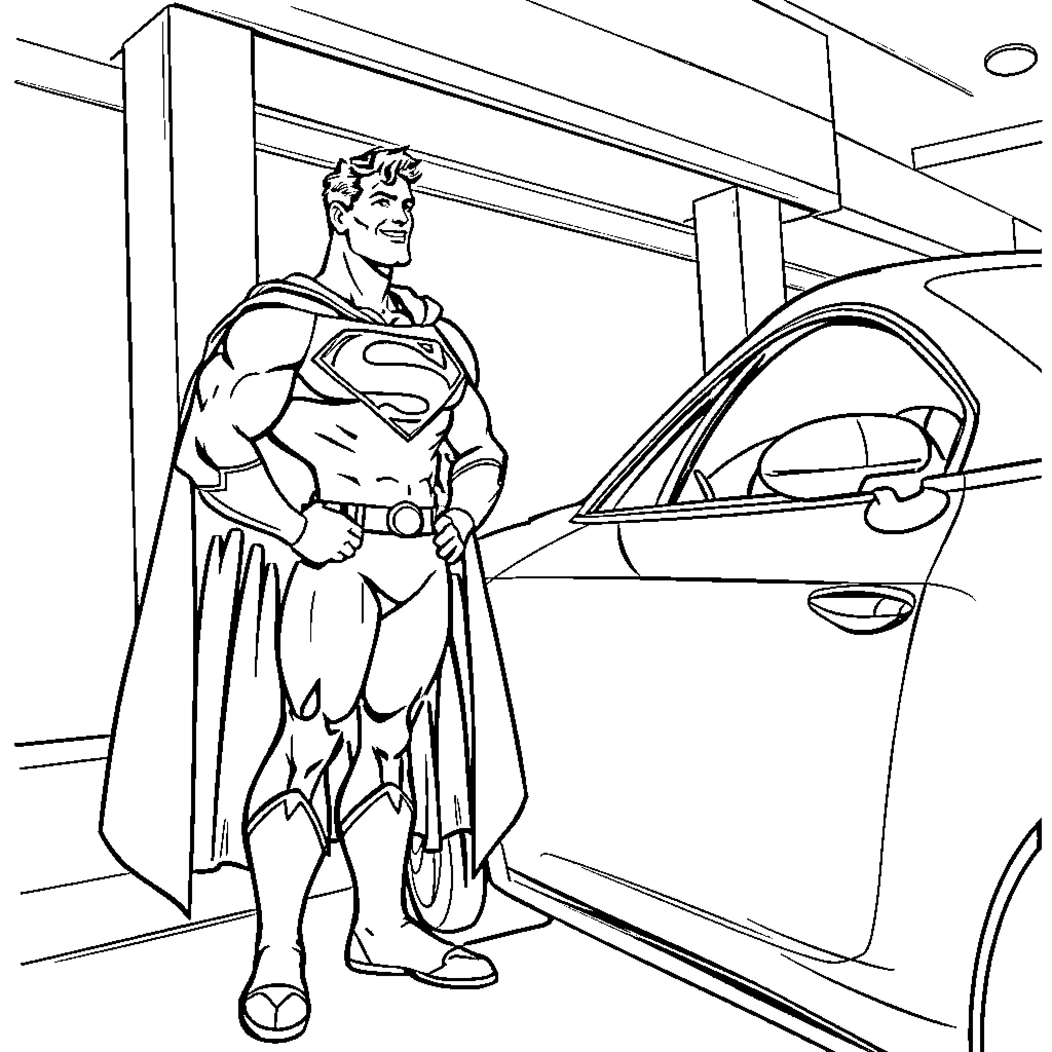 Superman standing proud in front of a car Coloring Page (free black-and-white line drawing printable PDF for all, from beginners to advanced learners, including children, teens, adults, and seniors)