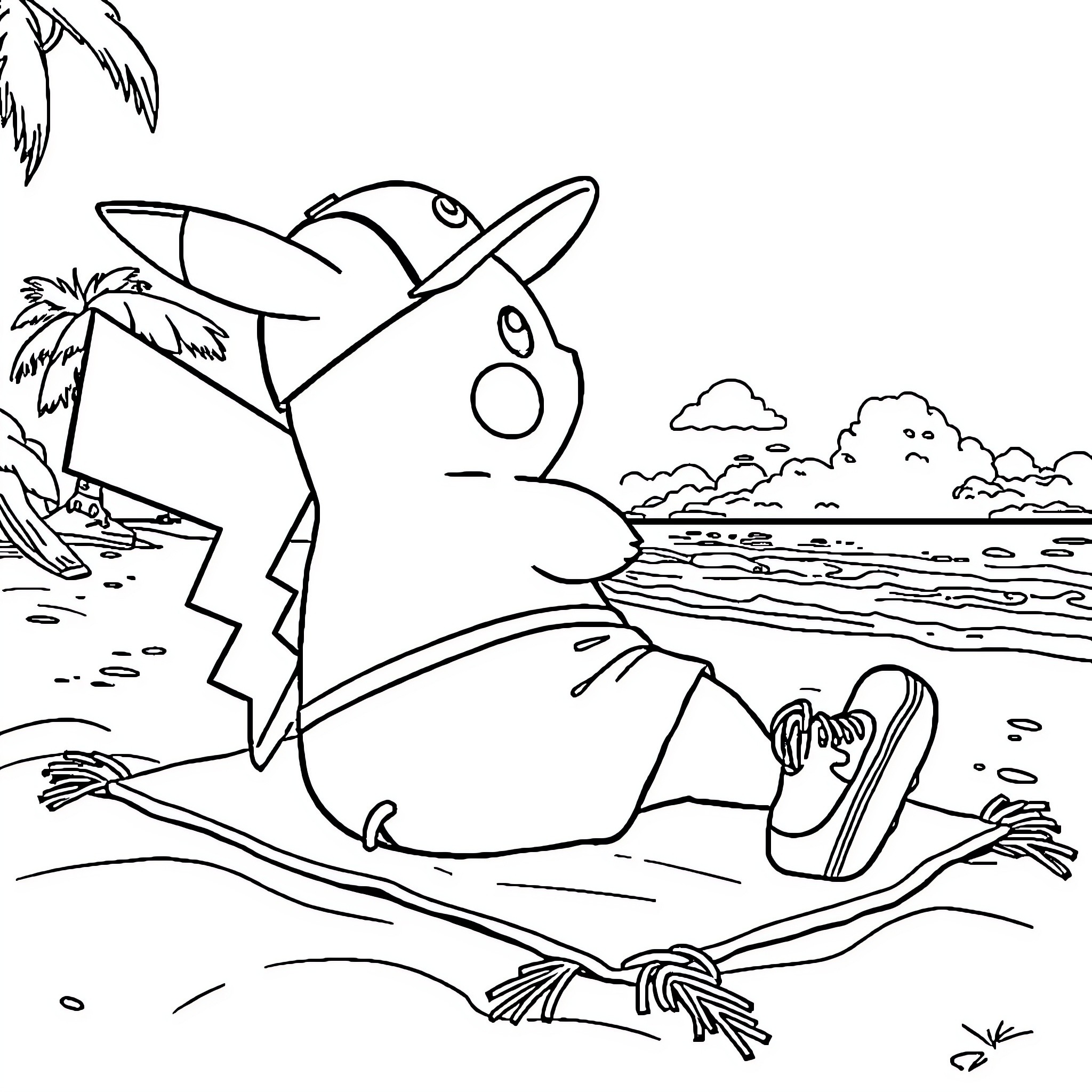 Pikachu enjoying a beach day Coloring Page (free black-and-white line drawing printable PDF for all, from beginners to advanced learners, including children, teens, adults, and seniors)