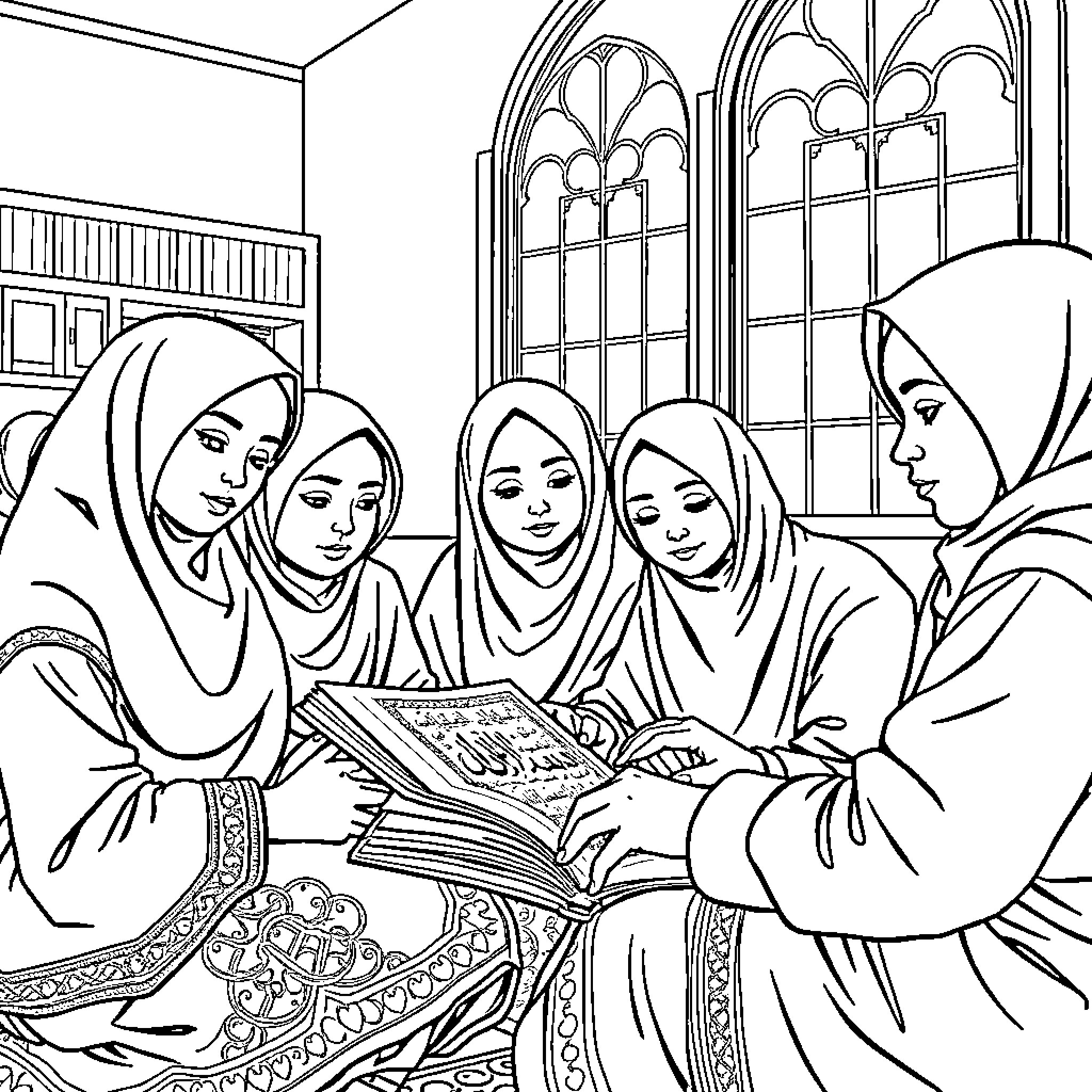 Muslim Girls Studying Religious Texts in Mosque Coloring Page (free black-and-white line drawing printable PDF for all, from beginners to advanced learners, including children, teens, adults, and seniors)