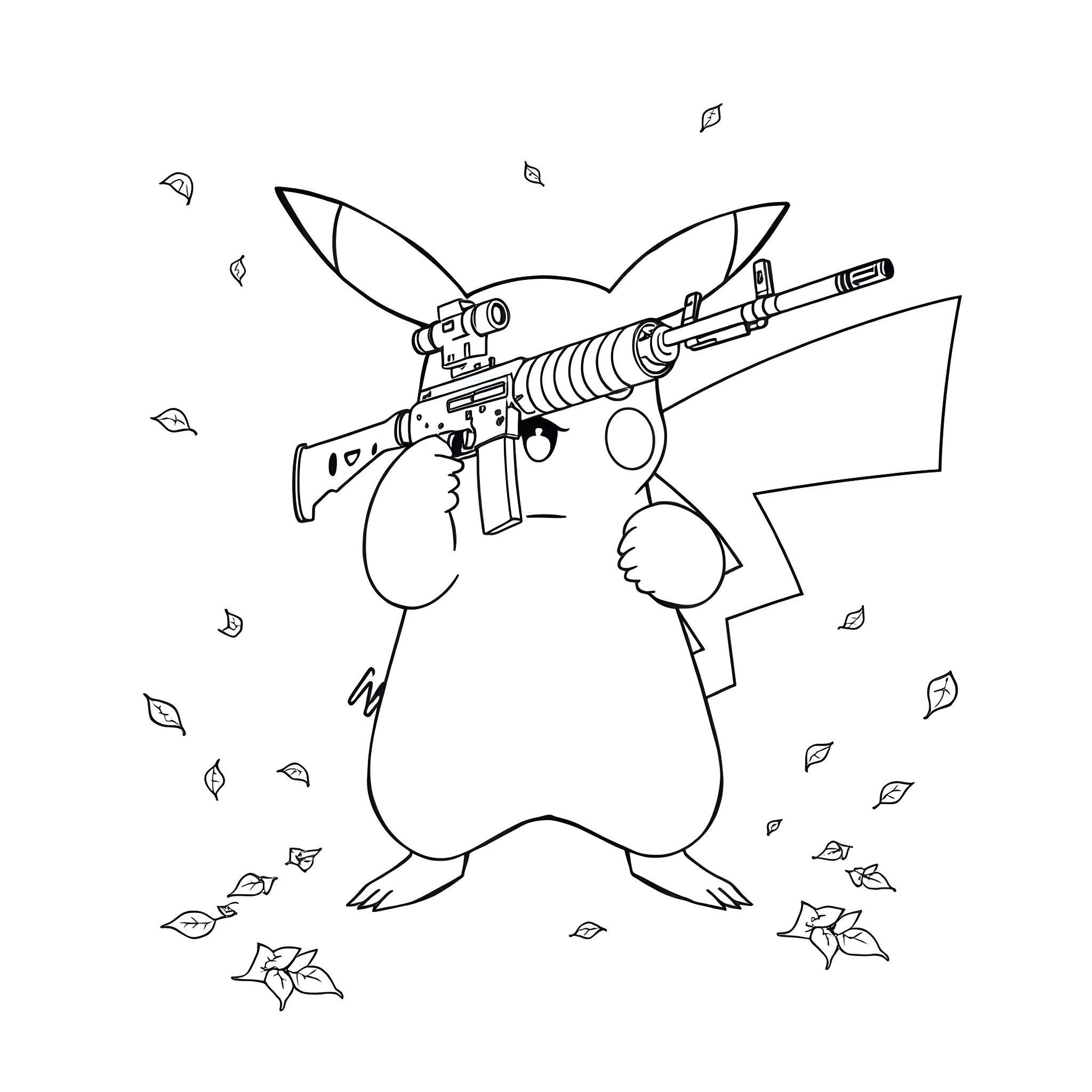 Pikachu wielding a powerful weapon amidst falling leaves Coloring Page (free black-and-white line drawing printable PDF for all, from beginners to advanced learners, including children, teens, adults, and seniors)