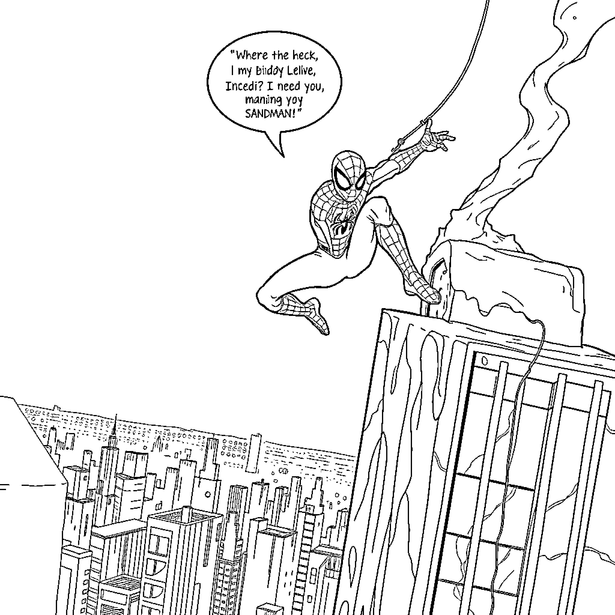 Spiderman swinging through the city with a quip Coloring Page (free black-and-white line drawing printable PDF for all, from beginners to advanced learners, including children, teens, adults, and seniors)