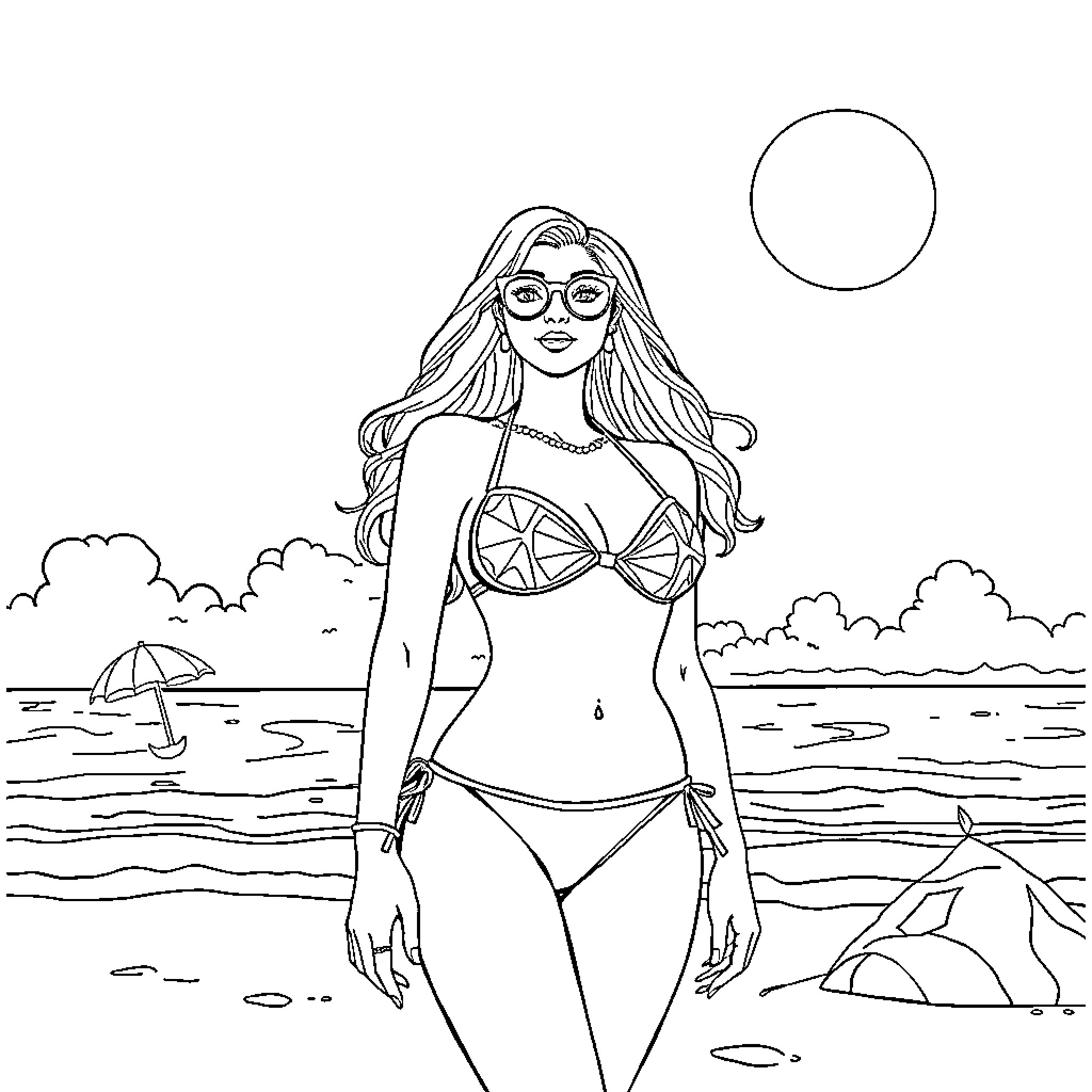 Rumi relaxing at the beach Coloring Page (free black-and-white line drawing printable PDF for all, from beginners to advanced learners, including children, teens, adults, and seniors)