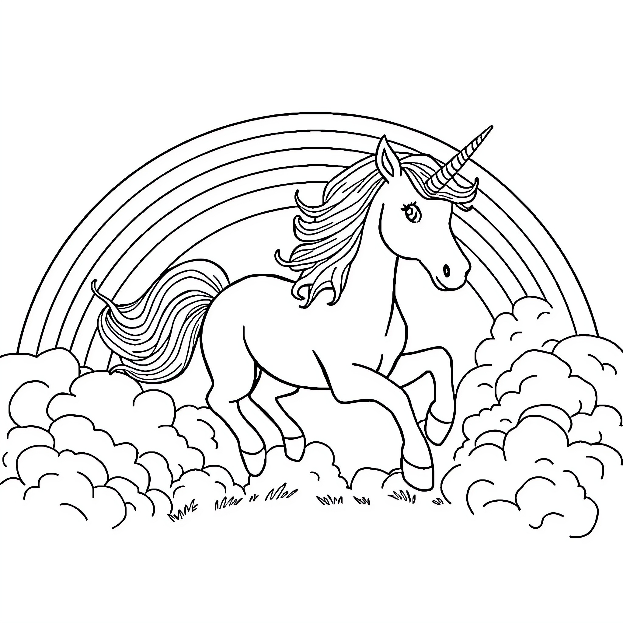 Unicorn prancing through a magical landscape Coloring Page (free black-and-white line drawing printable PDF for all, from beginners to advanced learners, including children, teens, adults, and seniors)