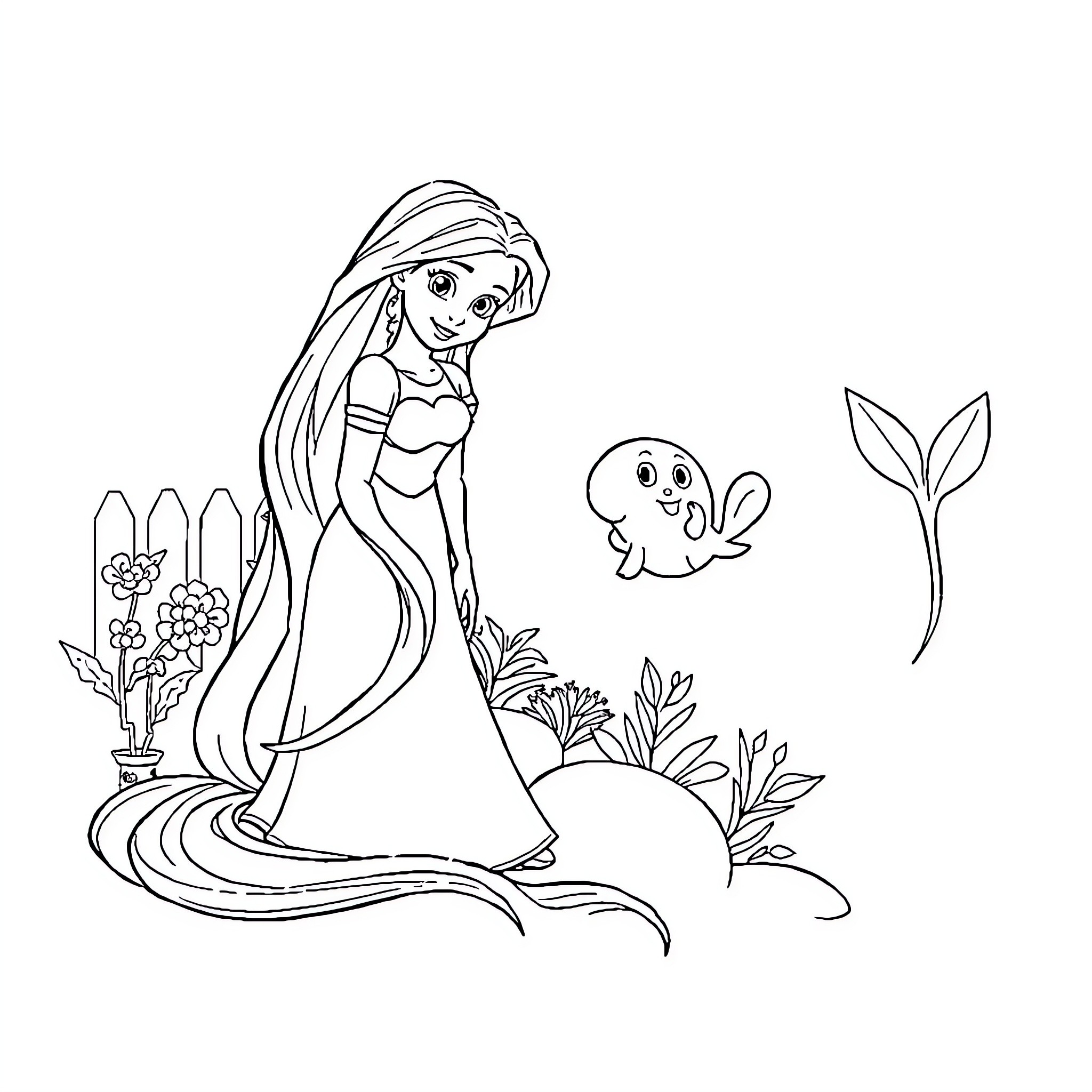 Rapunzel exploring the enchanted garden with animals Coloring Page (free black-and-white line drawing printable PDF for all, from beginners to advanced learners, including children, teens, adults, and seniors)