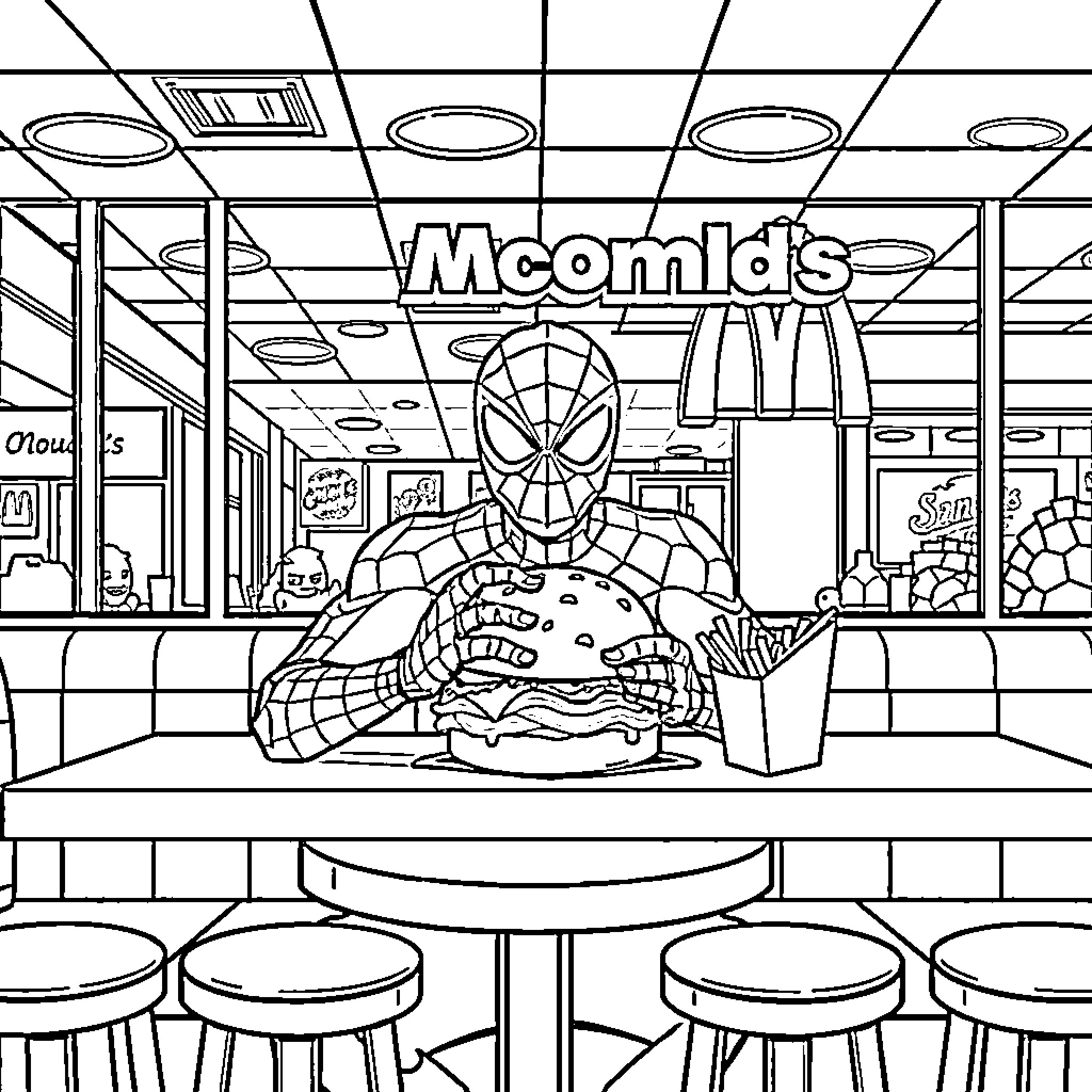 Spiderman enjoying a meal at Mcomids fast food restaurant Coloring Page (free black-and-white line drawing printable PDF for all, from beginners to advanced learners, including children, teens, adults, and seniors)