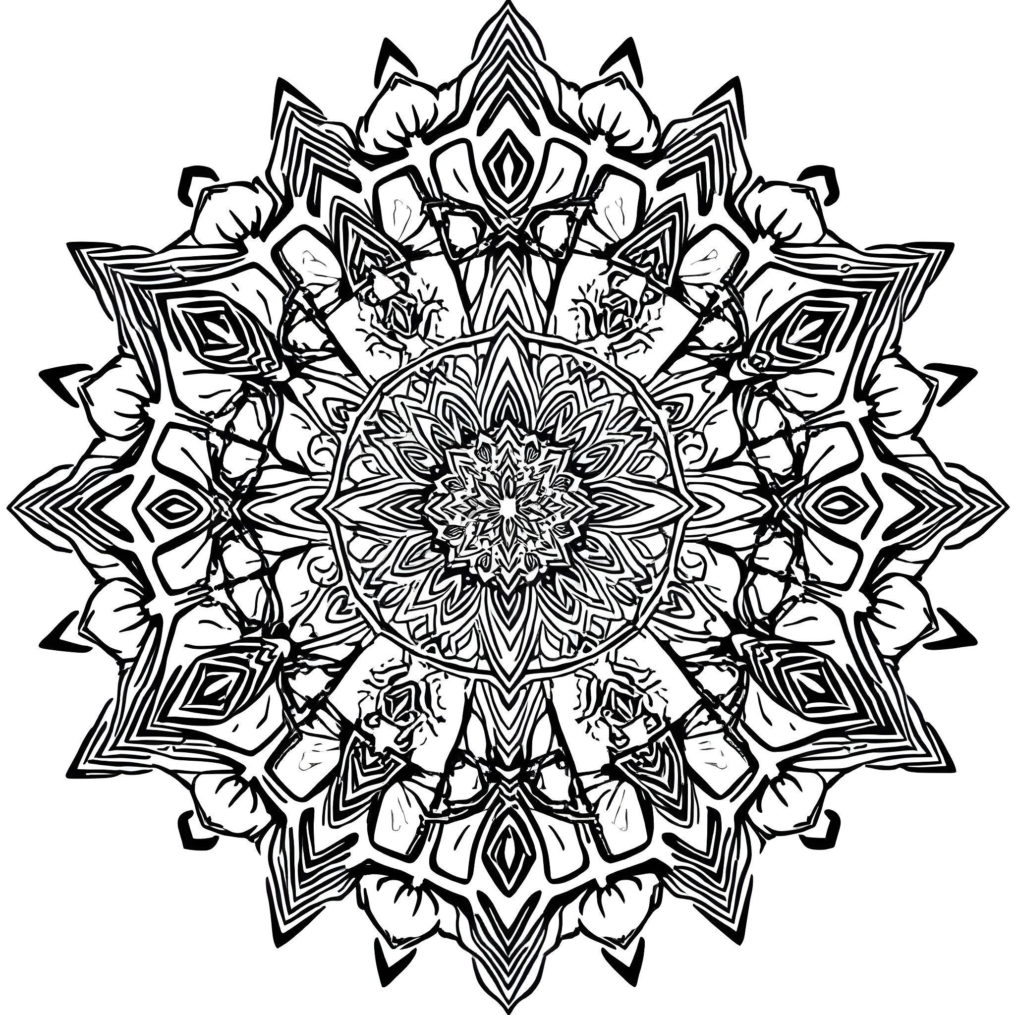 Mandala of intricate symmetrical patterns Coloring Page (free black-and-white line drawing printable PDF for all, from beginners to advanced learners, including children, teens, adults, and seniors)