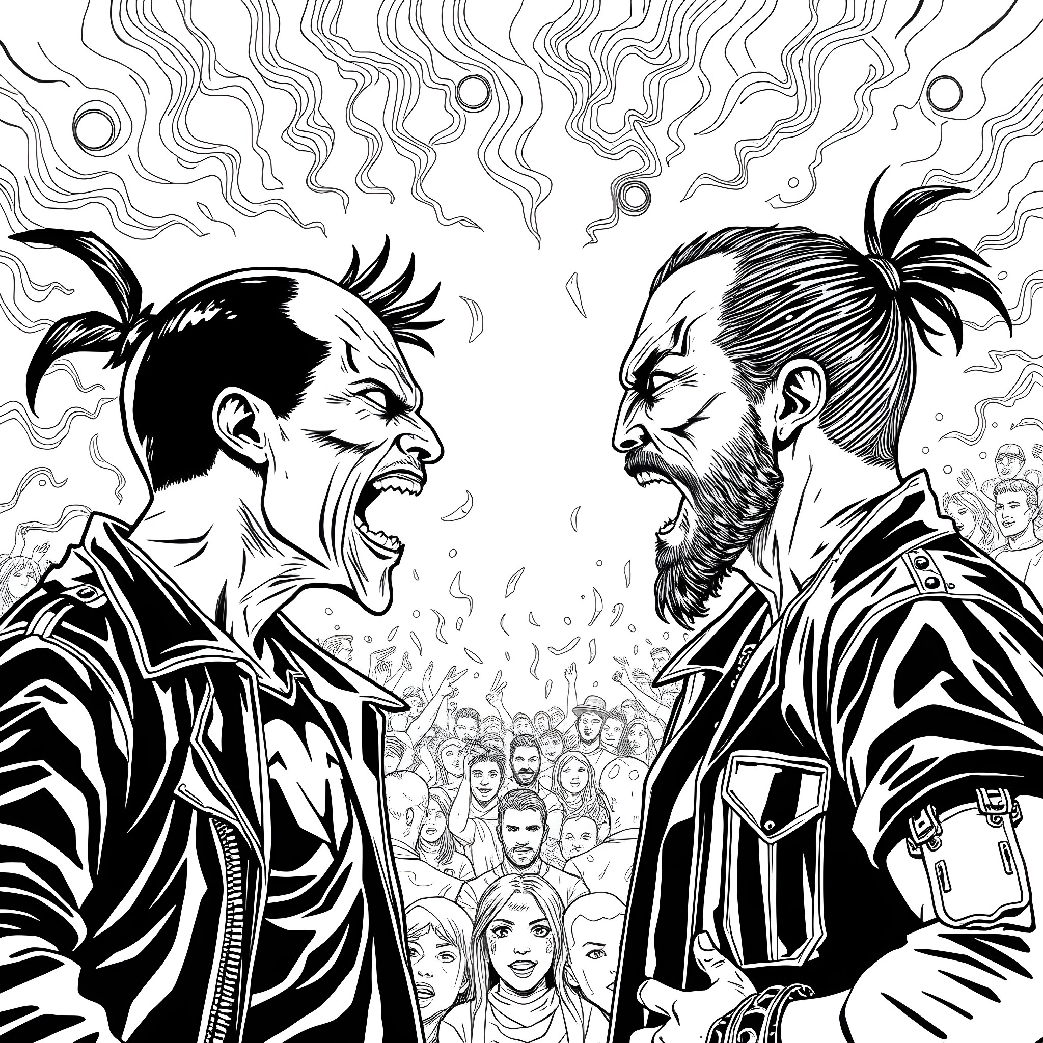 Alex facing off with his rival in an intense confrontation Coloring Page (free black-and-white line drawing printable PDF for all, from beginners to advanced learners, including children, teens, adults, and seniors)