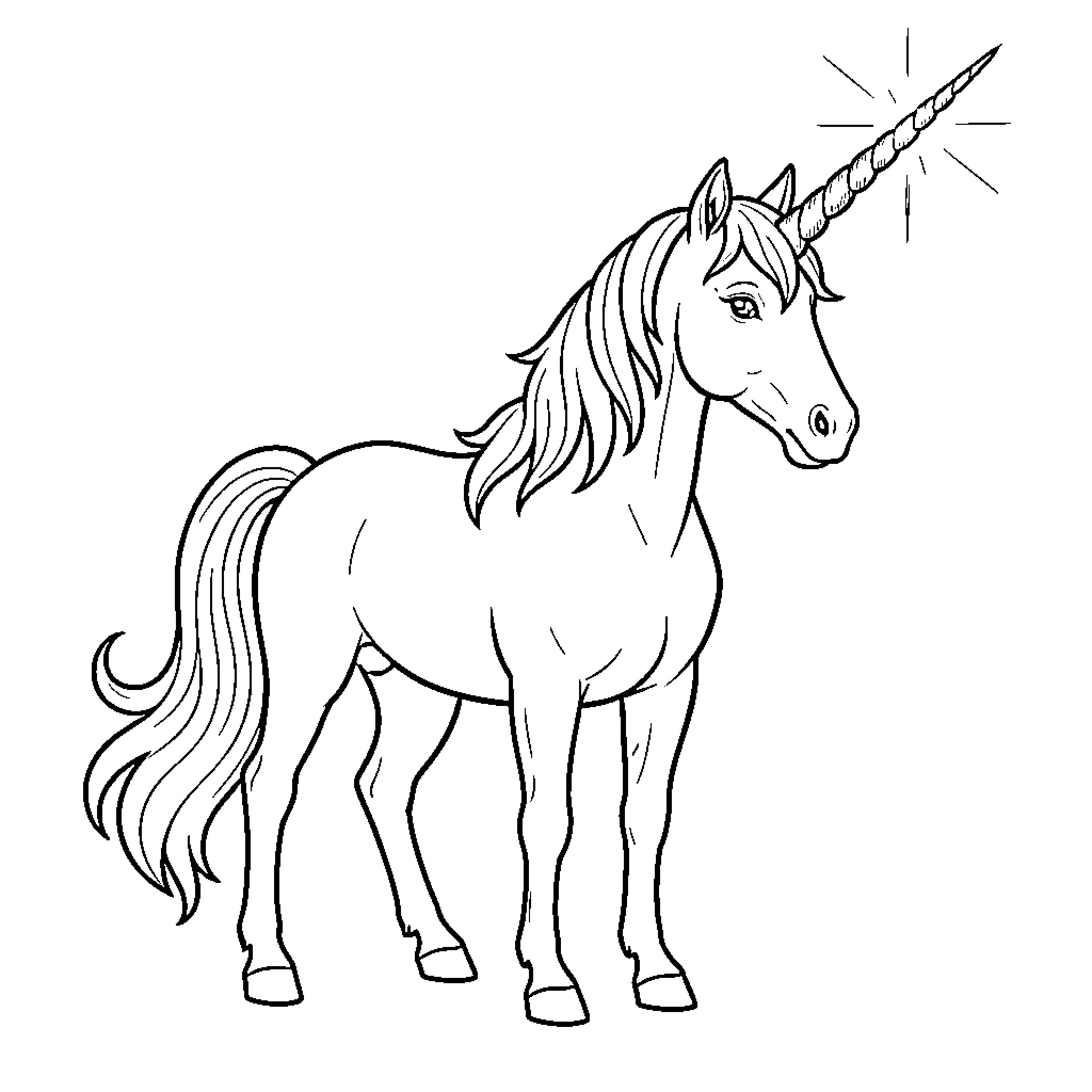 Unicorn standing gracefully with a flowing mane Coloring Page (free black-and-white line drawing printable PDF for all, from beginners to advanced learners, including children, teens, adults, and seniors)