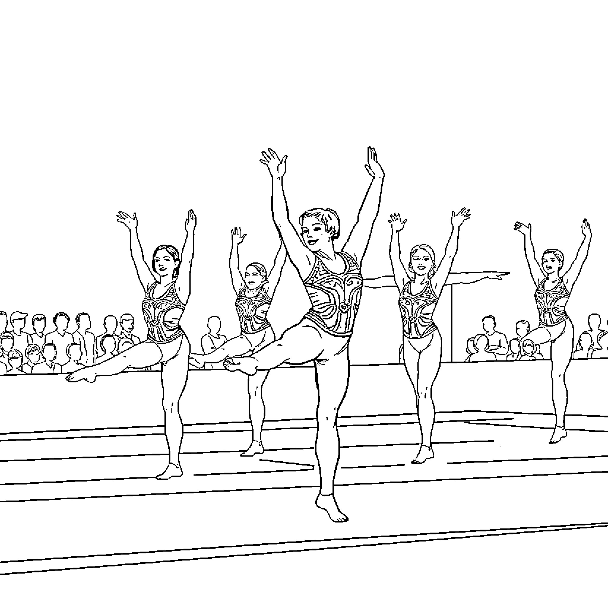 Turkey Gymnastics Performers in Synchronized Routine Coloring Page (free black-and-white line drawing printable PDF for all, from beginners to advanced learners, including children, teens, adults, and seniors)