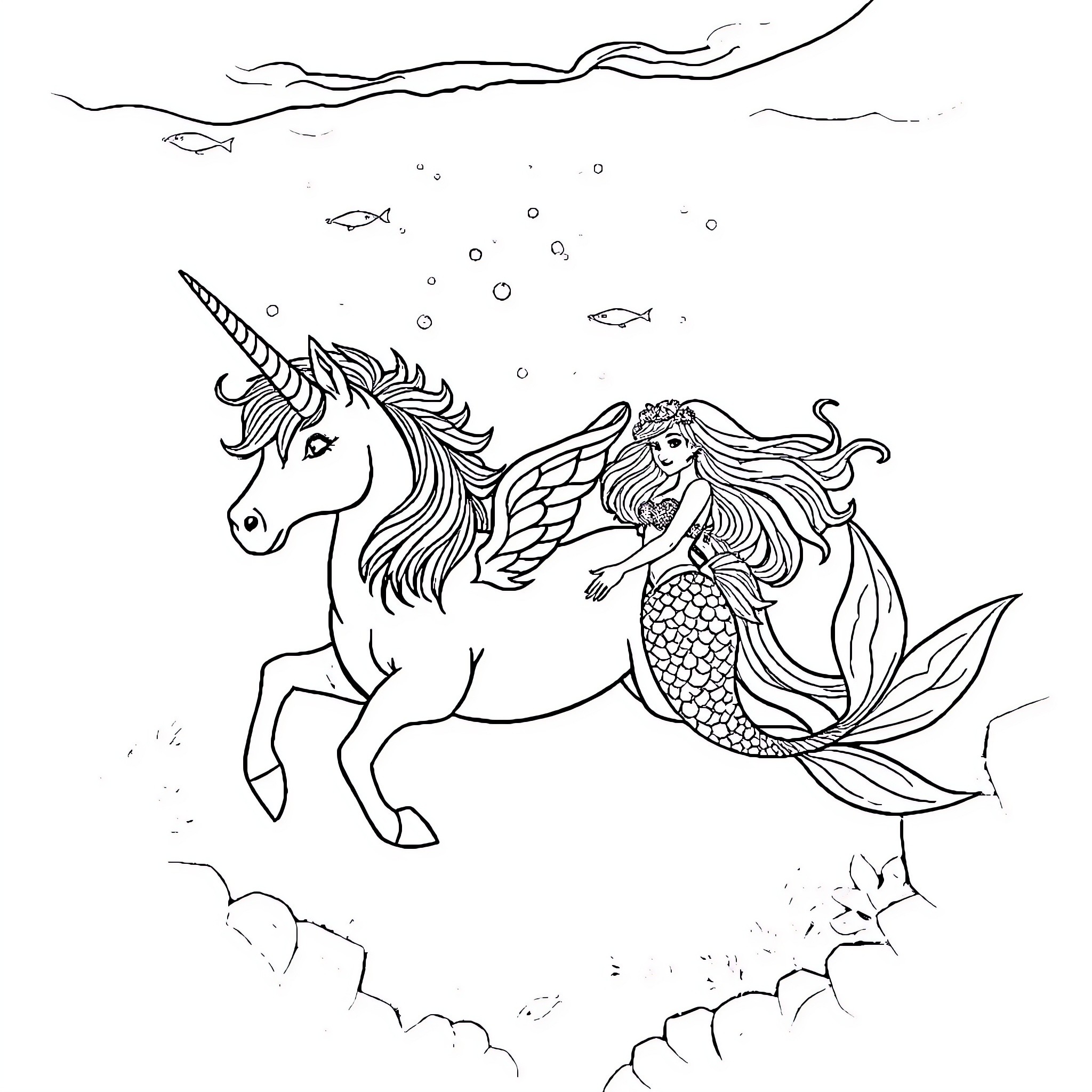 Unicorn and Mermaid Riding Together Underwater Coloring Page (free black-and-white line drawing printable PDF for all, from beginners to advanced learners, including children, teens, adults, and seniors)