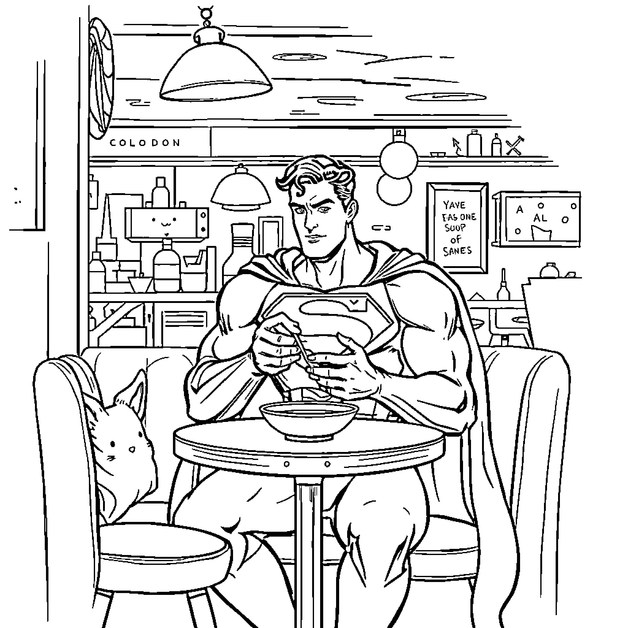 Superman enjoying a relaxing meal in a diner Coloring Page (free black-and-white line drawing printable PDF for all, from beginners to advanced learners, including children, teens, adults, and seniors)