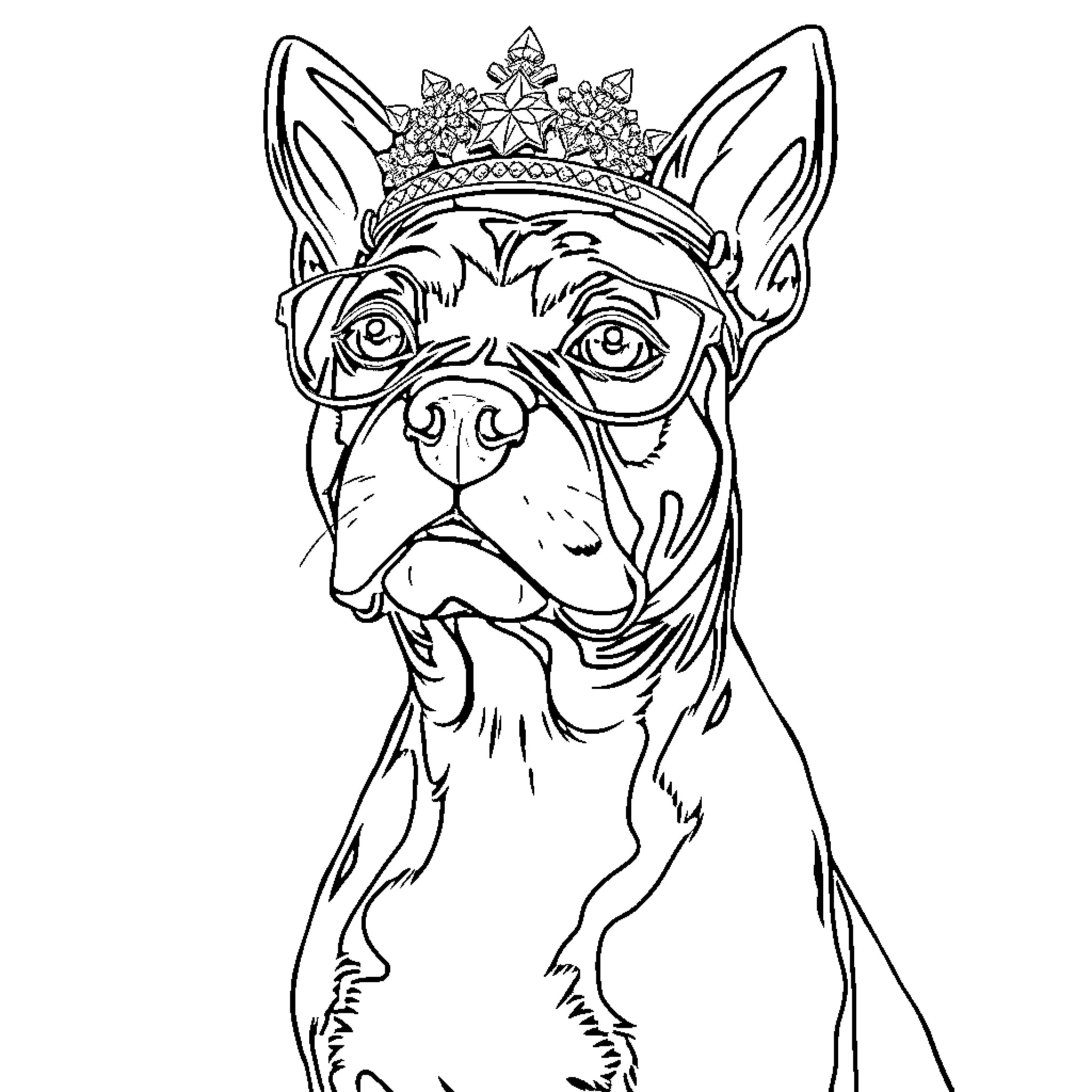 Dog wearing a crown and looking regal Coloring Page (free black-and-white line drawing printable PDF for all, from beginners to advanced learners, including children, teens, adults, and seniors)