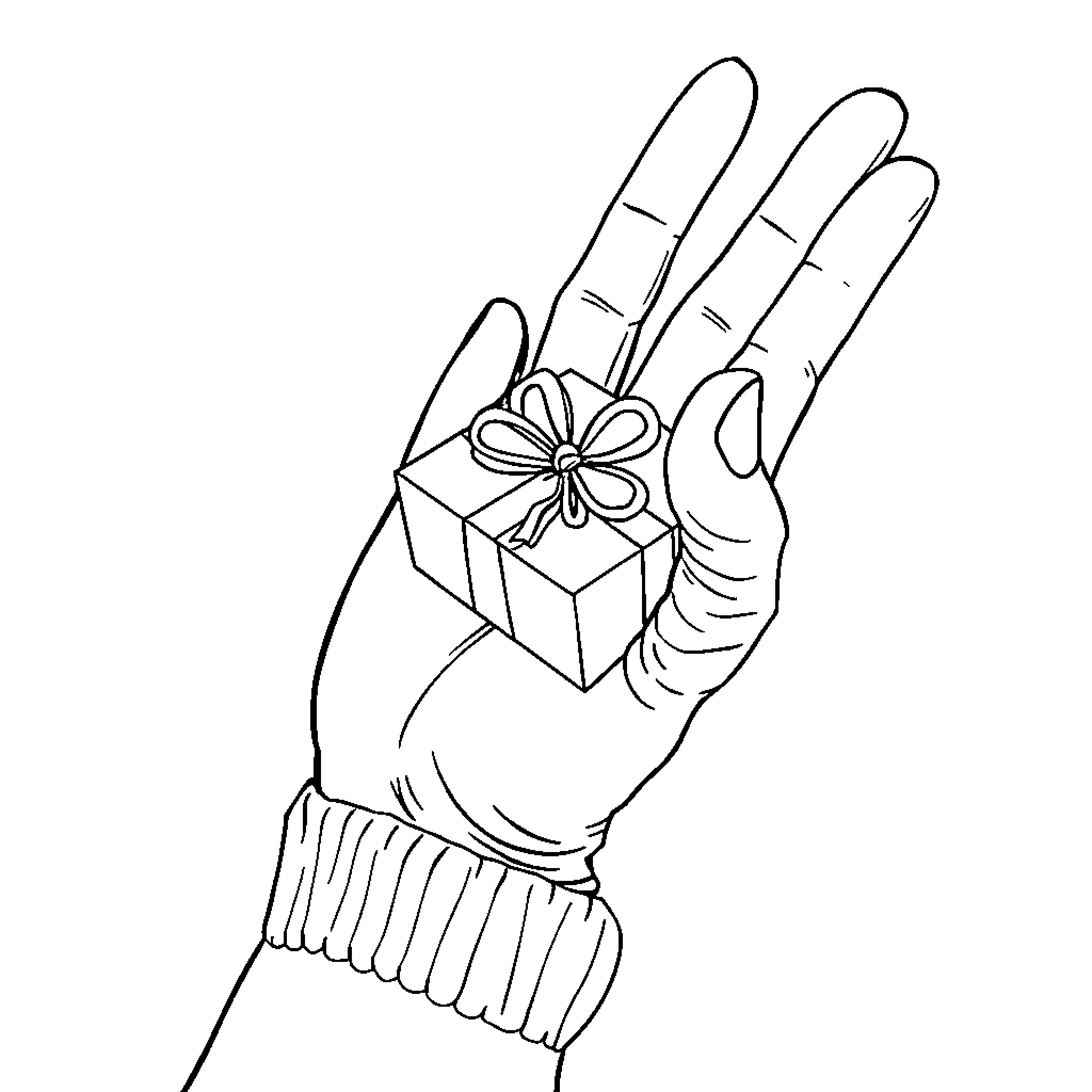 Hand offering gift with flower Coloring Page (free black-and-white line drawing printable PDF for all, from beginners to advanced learners, including children, teens, adults, and seniors)