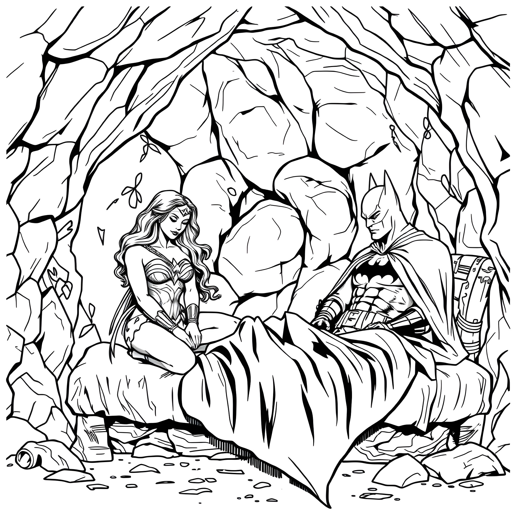 Wonder Woman and Batman in a Mystical Cave Coloring Page (free black-and-white line drawing printable PDF for all, from beginners to advanced learners, including children, teens, adults, and seniors)
