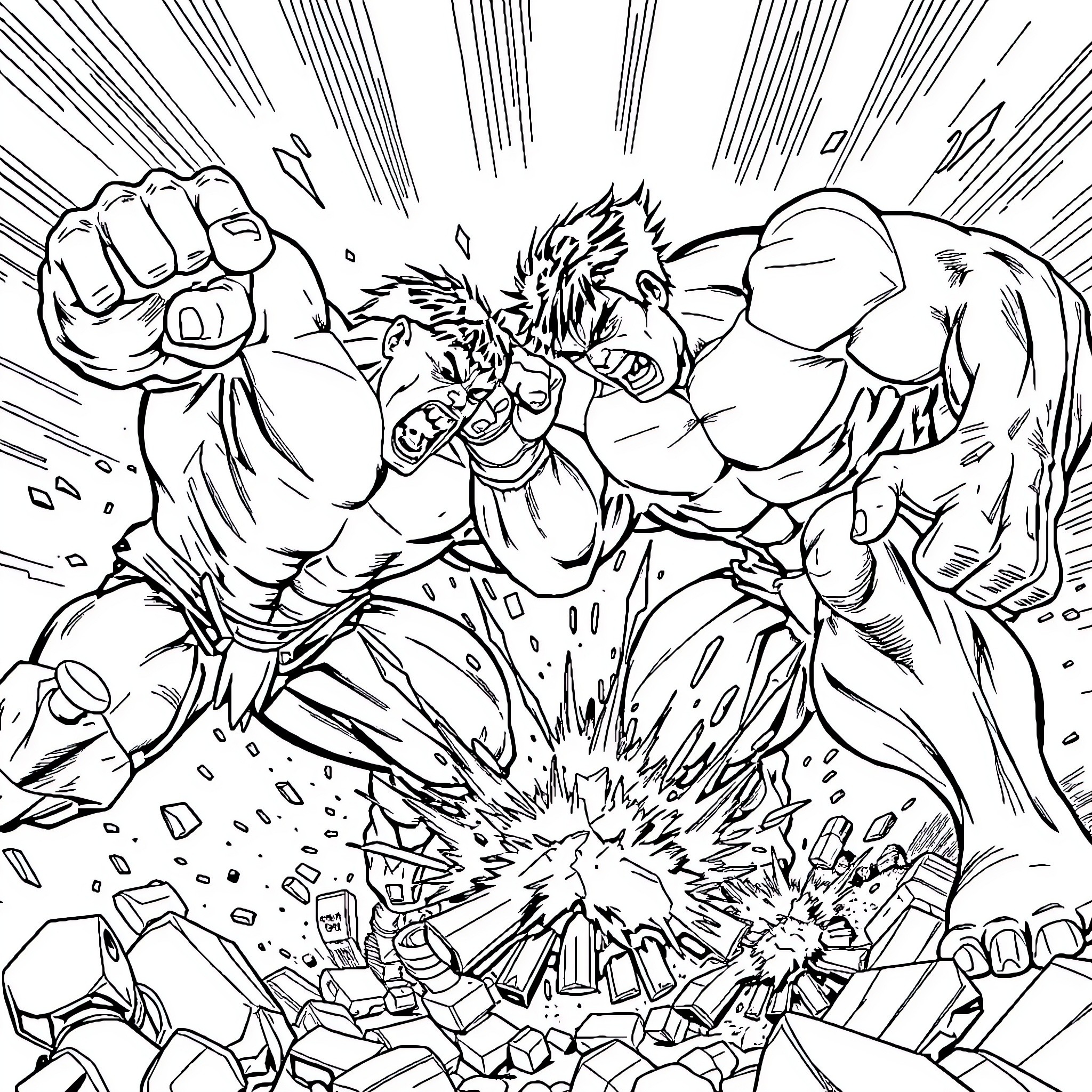 Hulk battling fiercely against powerful adversary Coloring Page (free black-and-white line drawing printable PDF for all, from beginners to advanced learners, including children, teens, adults, and seniors)