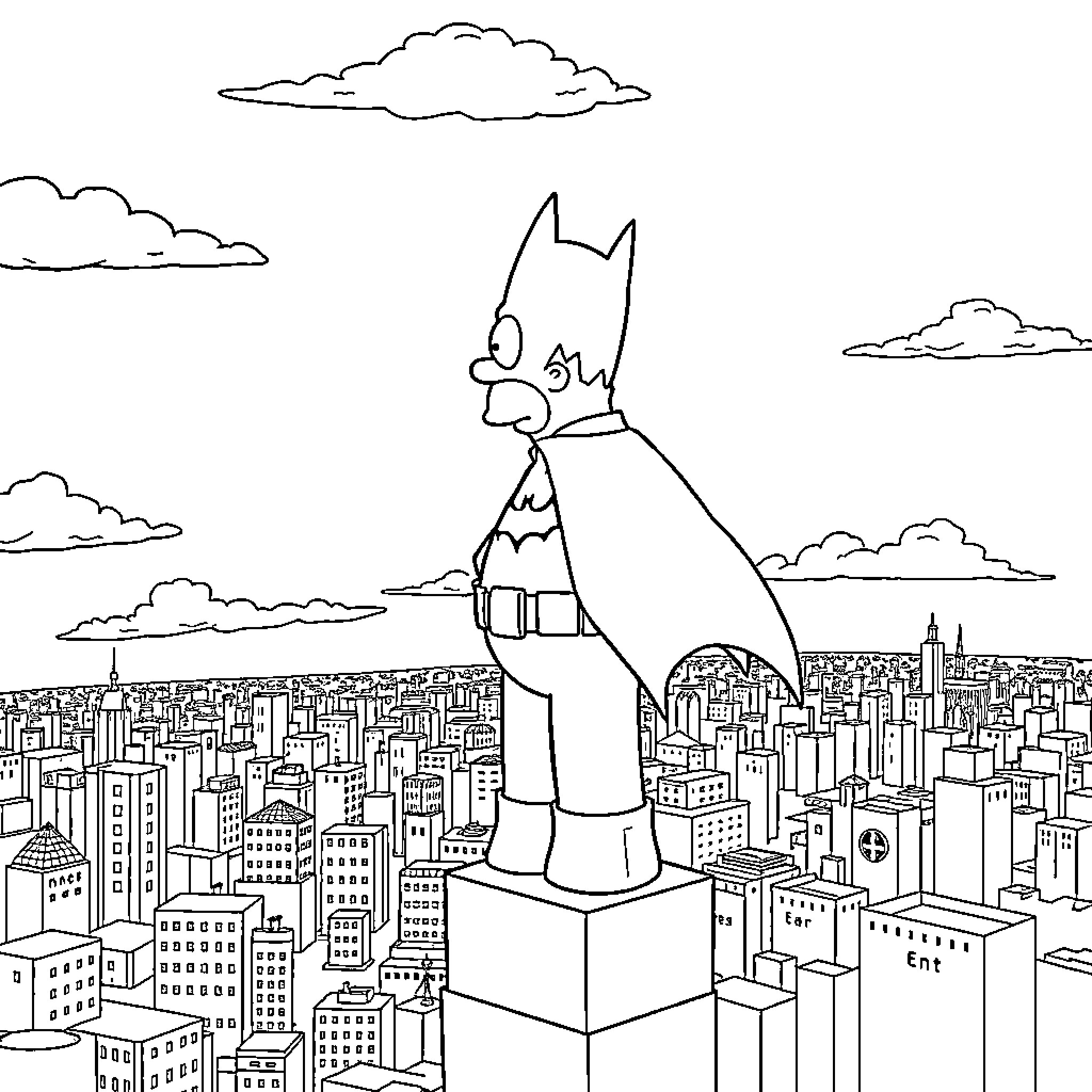 Homer Simpson as Batman overlooking Gotham City Coloring Page (free black-and-white line drawing printable PDF for all, from beginners to advanced learners, including children, teens, adults, and seniors)