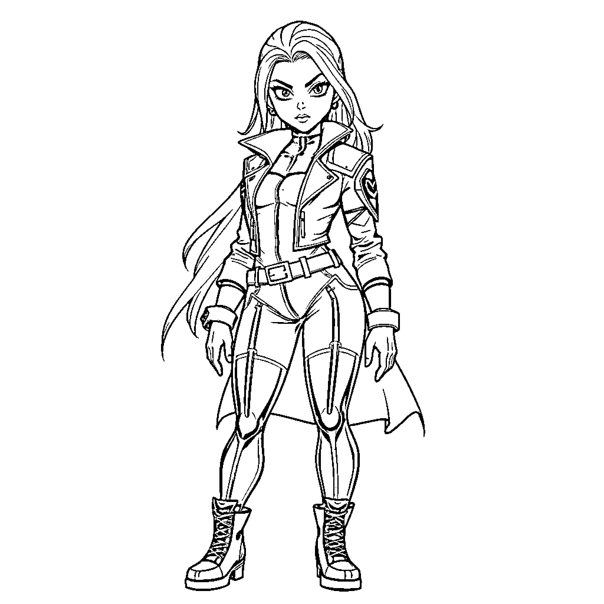 Android 18 in combat attire Coloring Page (free black-and-white line drawing printable PDF for all, from beginners to advanced learners, including children, teens, adults, and seniors)