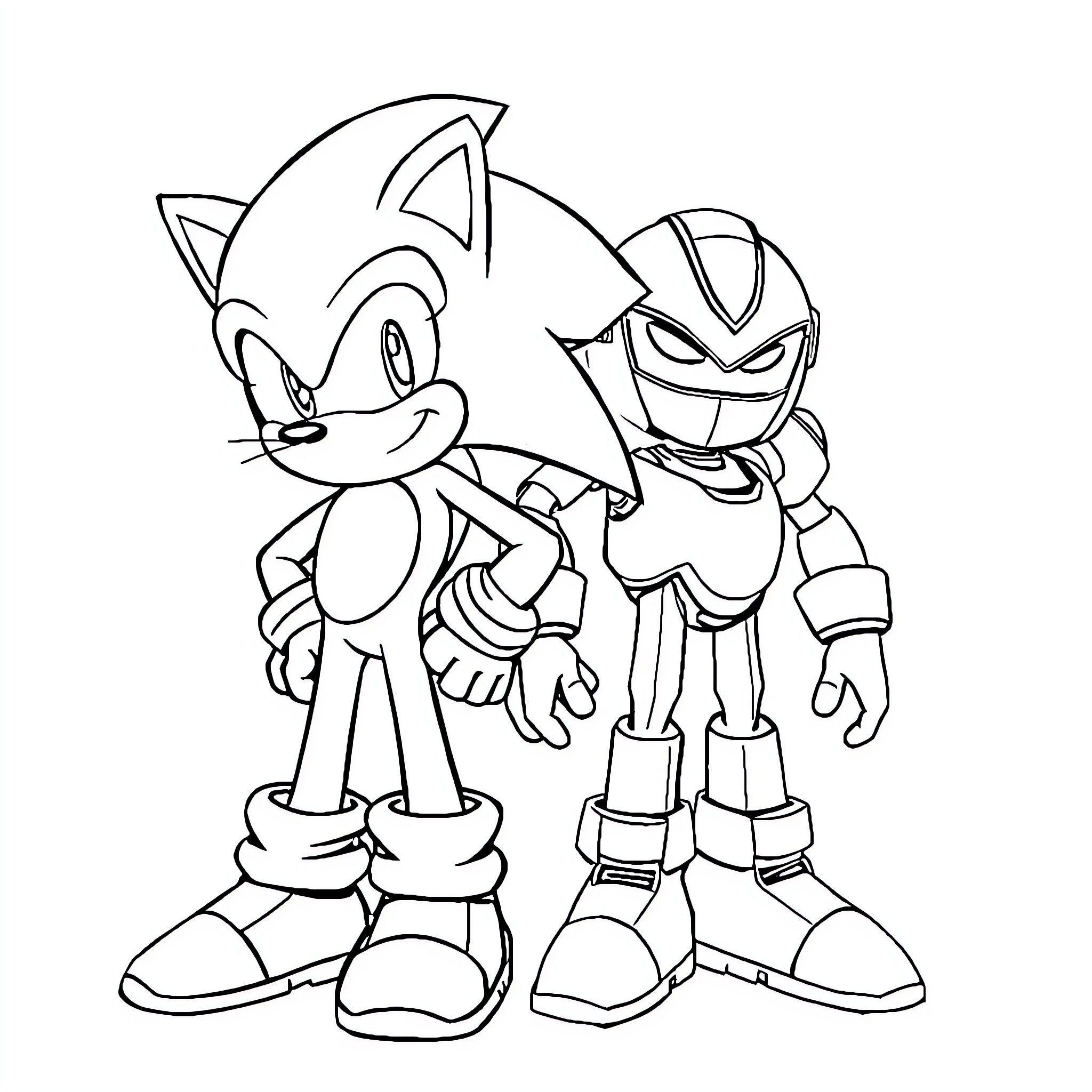 Sonic and Robotic Friend in Action Coloring Page (free black-and-white line drawing printable PDF for all, from beginners to advanced learners, including children, teens, adults, and seniors)