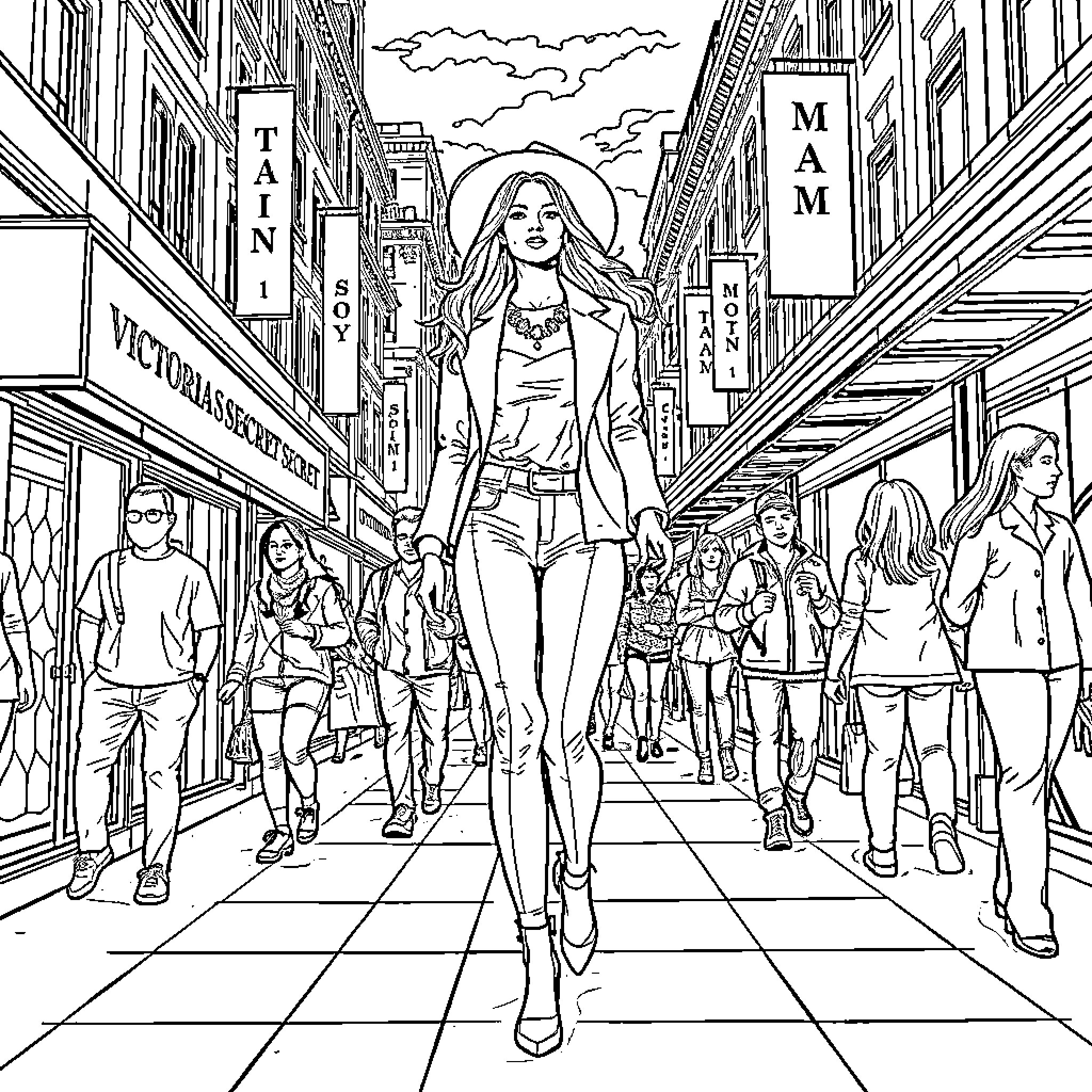Model walking confidently through a bustling city street Coloring Page (free black-and-white line drawing printable PDF for all, from beginners to advanced learners, including children, teens, adults, and seniors)