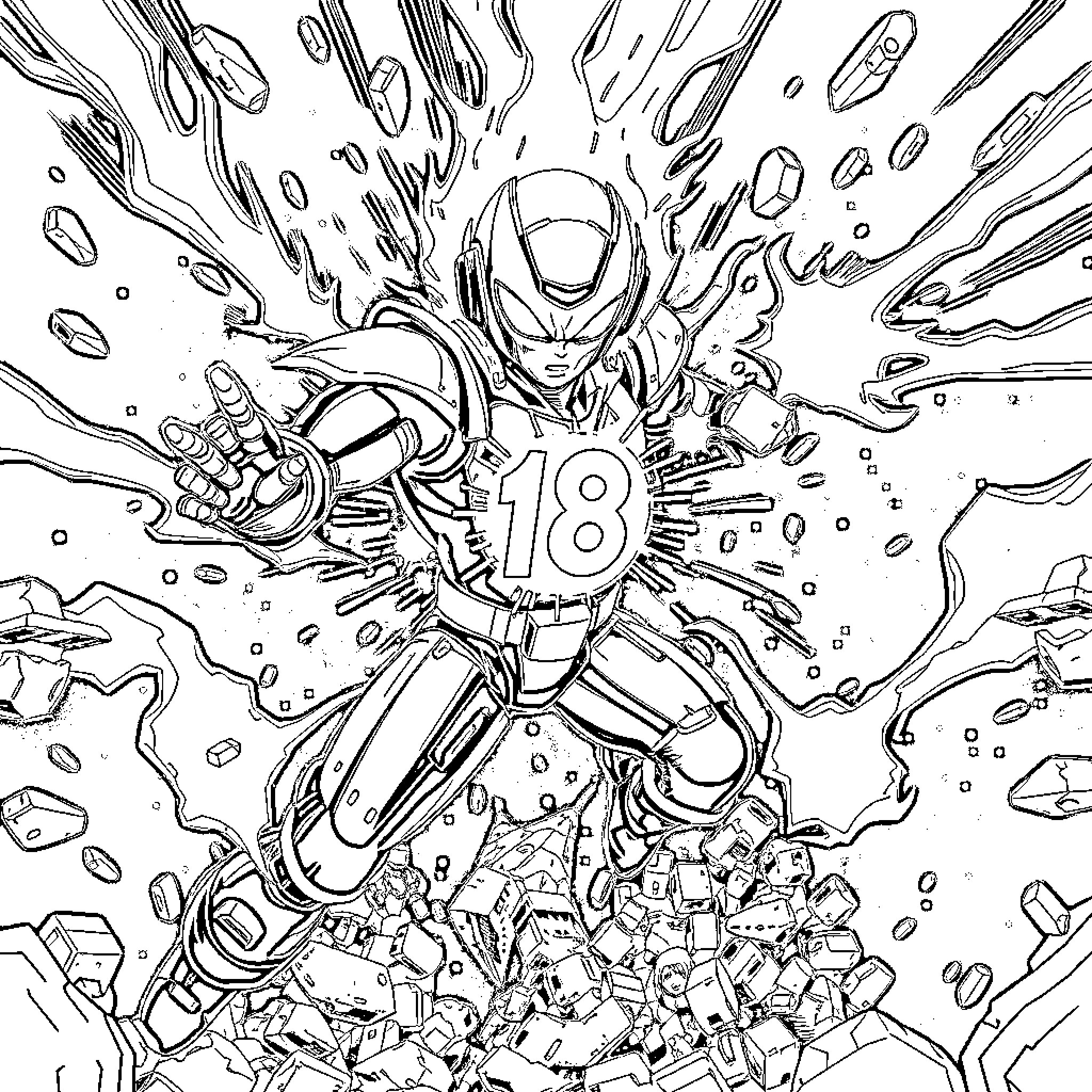 Android 18 unleashing powerful energy attack Coloring Page (free black-and-white line drawing printable PDF for all, from beginners to advanced learners, including children, teens, adults, and seniors)
