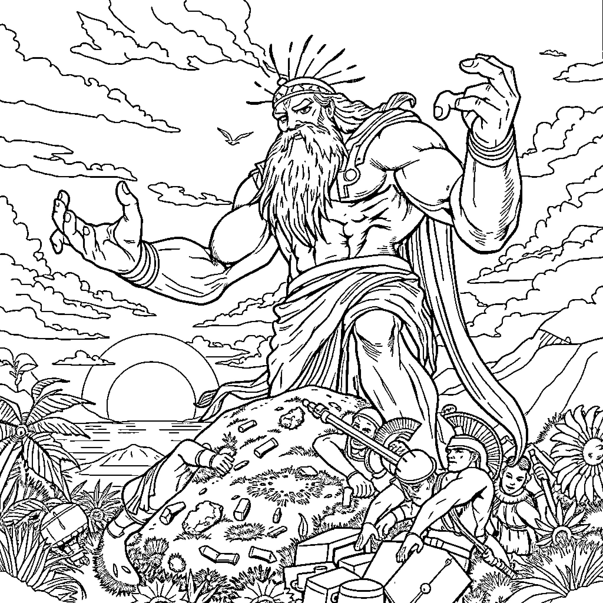 Ajax, the Powerful Deity, Dominates the Mystical Landscape Coloring Page (free black-and-white line drawing printable PDF for all, from beginners to advanced learners, including children, teens, adults, and seniors)