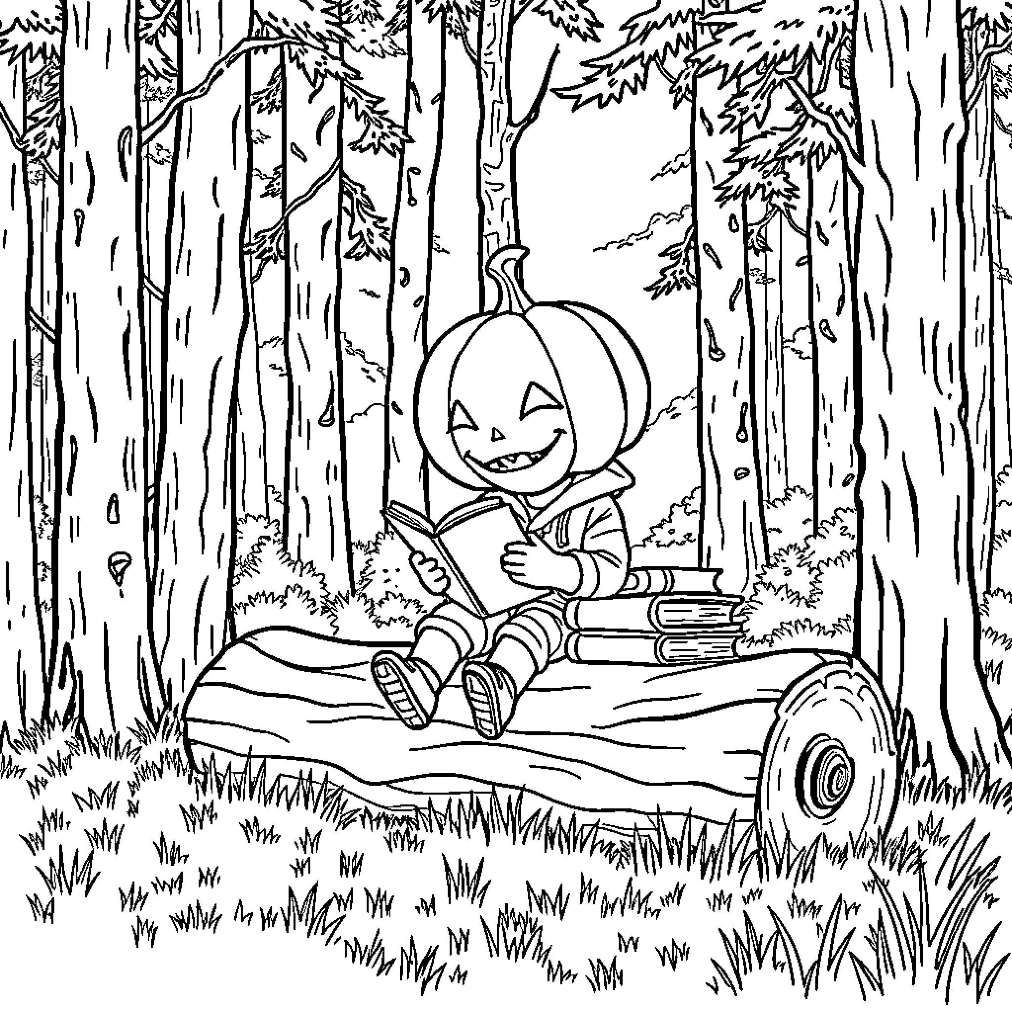 Pumpkin reading books in the forest Coloring Page (free black-and-white line drawing printable PDF for all, from beginners to advanced learners, including children, teens, adults, and seniors)
