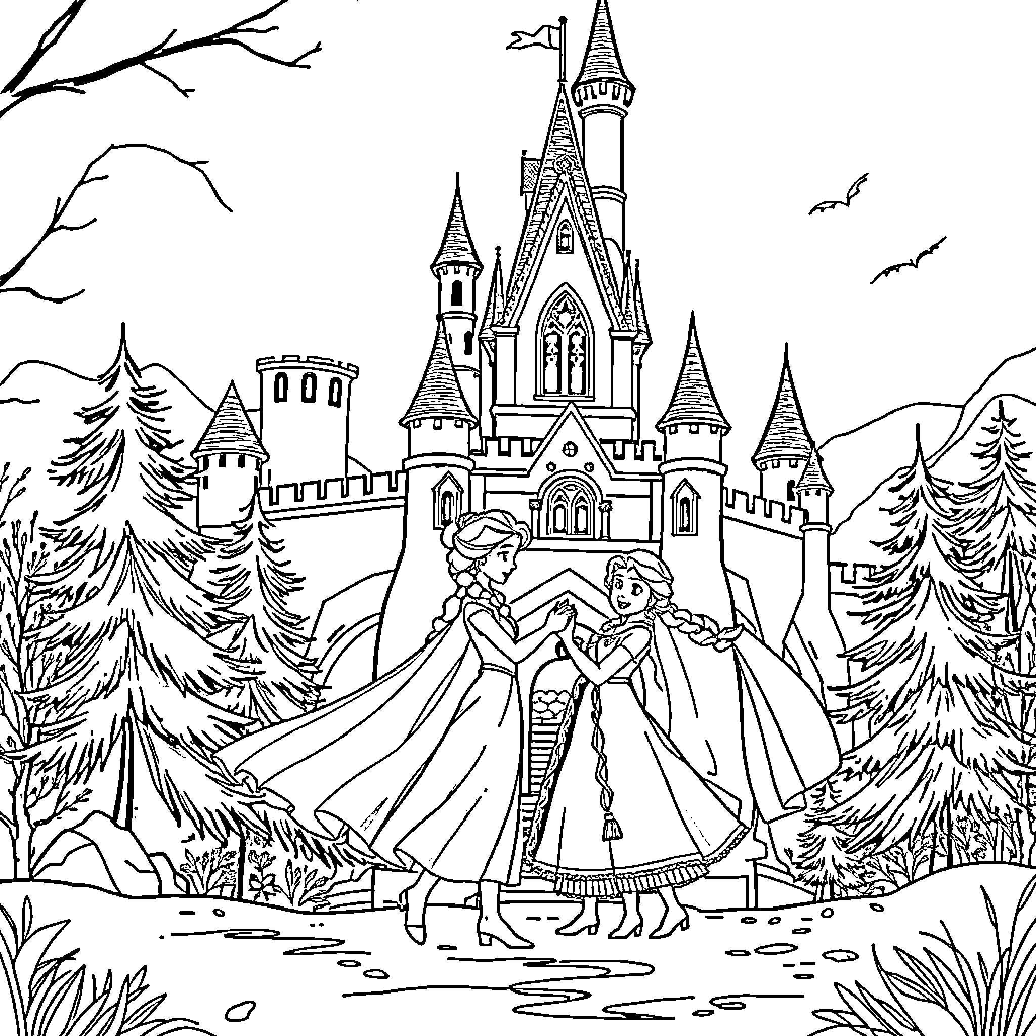 Elsa and Anna's Enchanted Castle Adventure Coloring Page (free black-and-white line drawing printable PDF for all, from beginners to advanced learners, including children, teens, adults, and seniors)