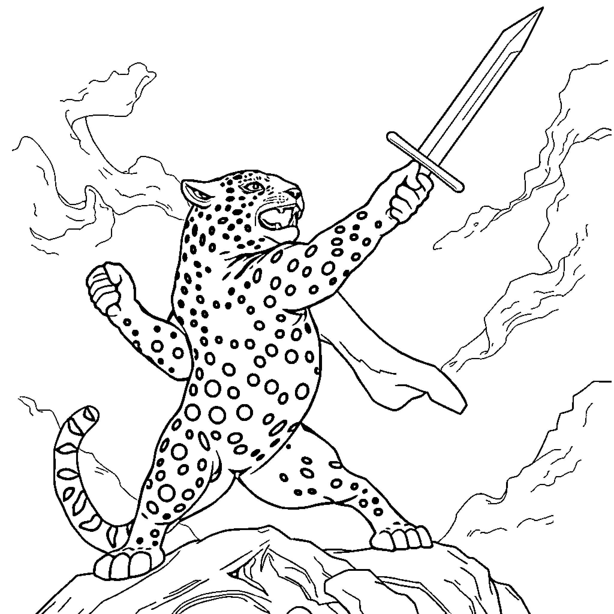 Jaguar wielding a sword on a rocky landscape Coloring Page (free black-and-white line drawing printable PDF for all, from beginners to advanced learners, including children, teens, adults, and seniors)