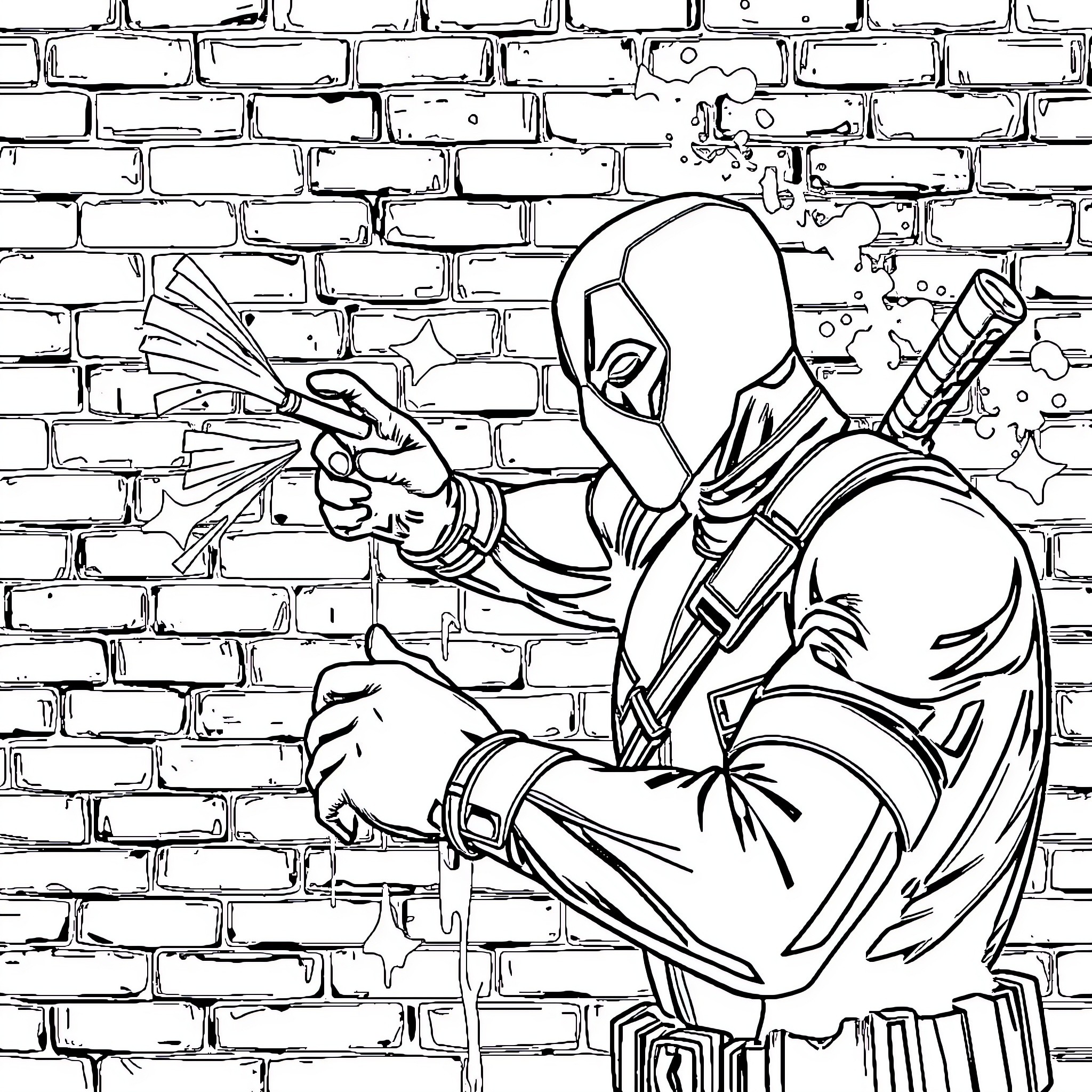 Deadpool Battles Against the Brick Wall Coloring Page (free black-and-white line drawing printable PDF for all, from beginners to advanced learners, including children, teens, adults, and seniors)