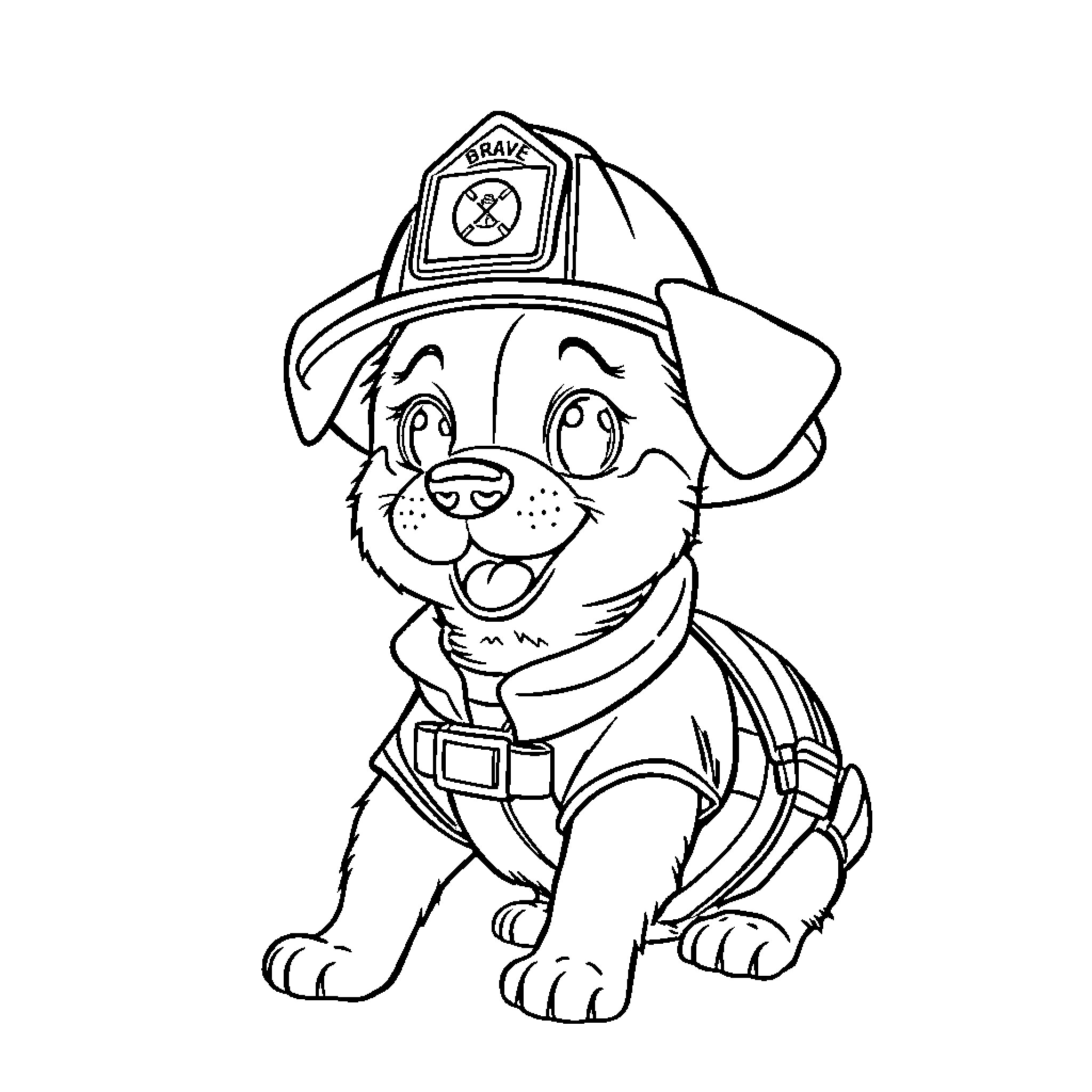 Dog dressed as a brave firefighter Coloring Page (free black-and-white line drawing printable PDF for all, from beginners to advanced learners, including children, teens, adults, and seniors)