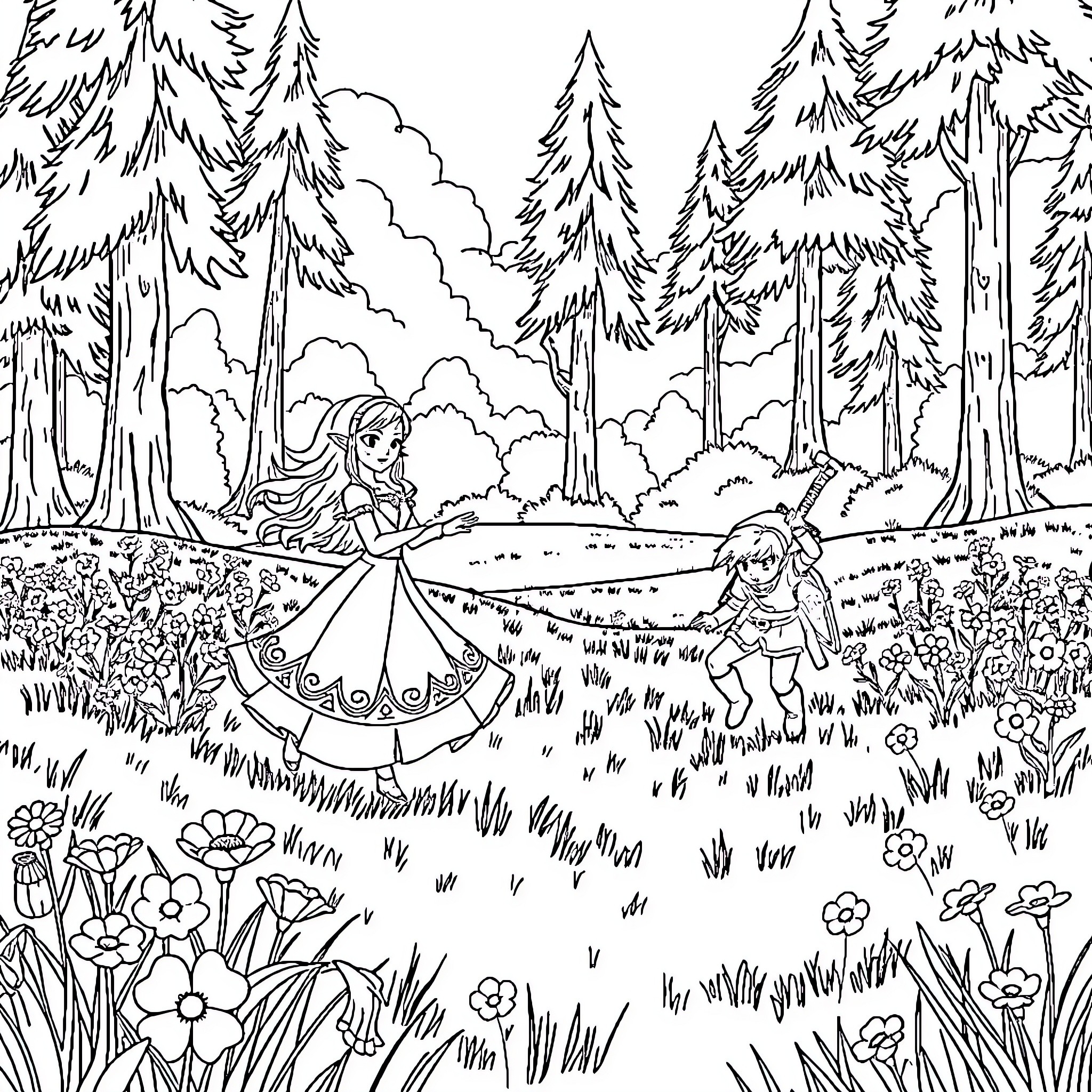 Zelda's Adventure in the Enchanted Forest Coloring Page (free black-and-white line drawing printable PDF for all, from beginners to advanced learners, including children, teens, adults, and seniors)
