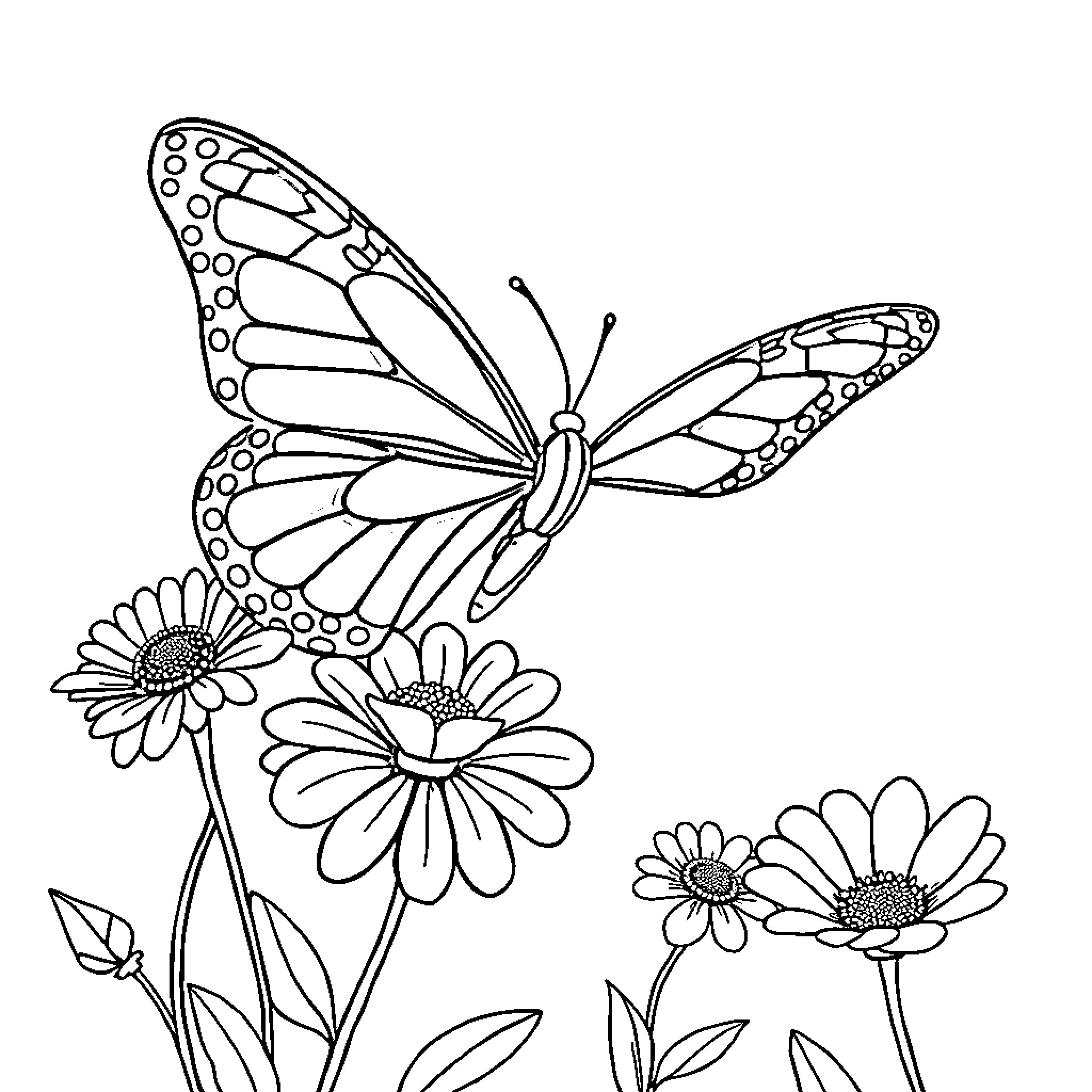 Butterfly dancing among flowers Coloring Page (free black-and-white line drawing printable PDF for all, from beginners to advanced learners, including children, teens, adults, and seniors)