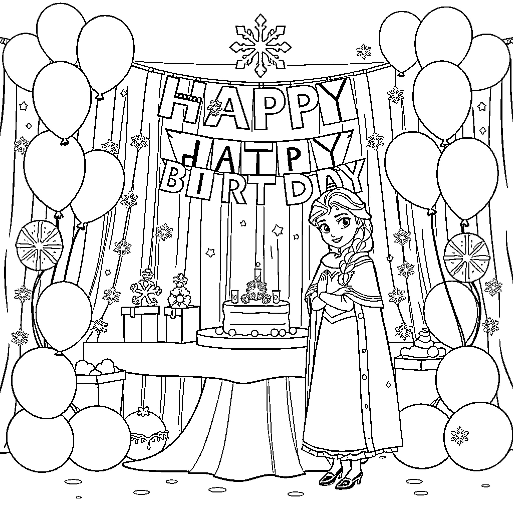 Frozen Birthday Celebration with Decorations and Cake Coloring Page (free black-and-white line drawing printable PDF for all, from beginners to advanced learners, including children, teens, adults, and seniors)