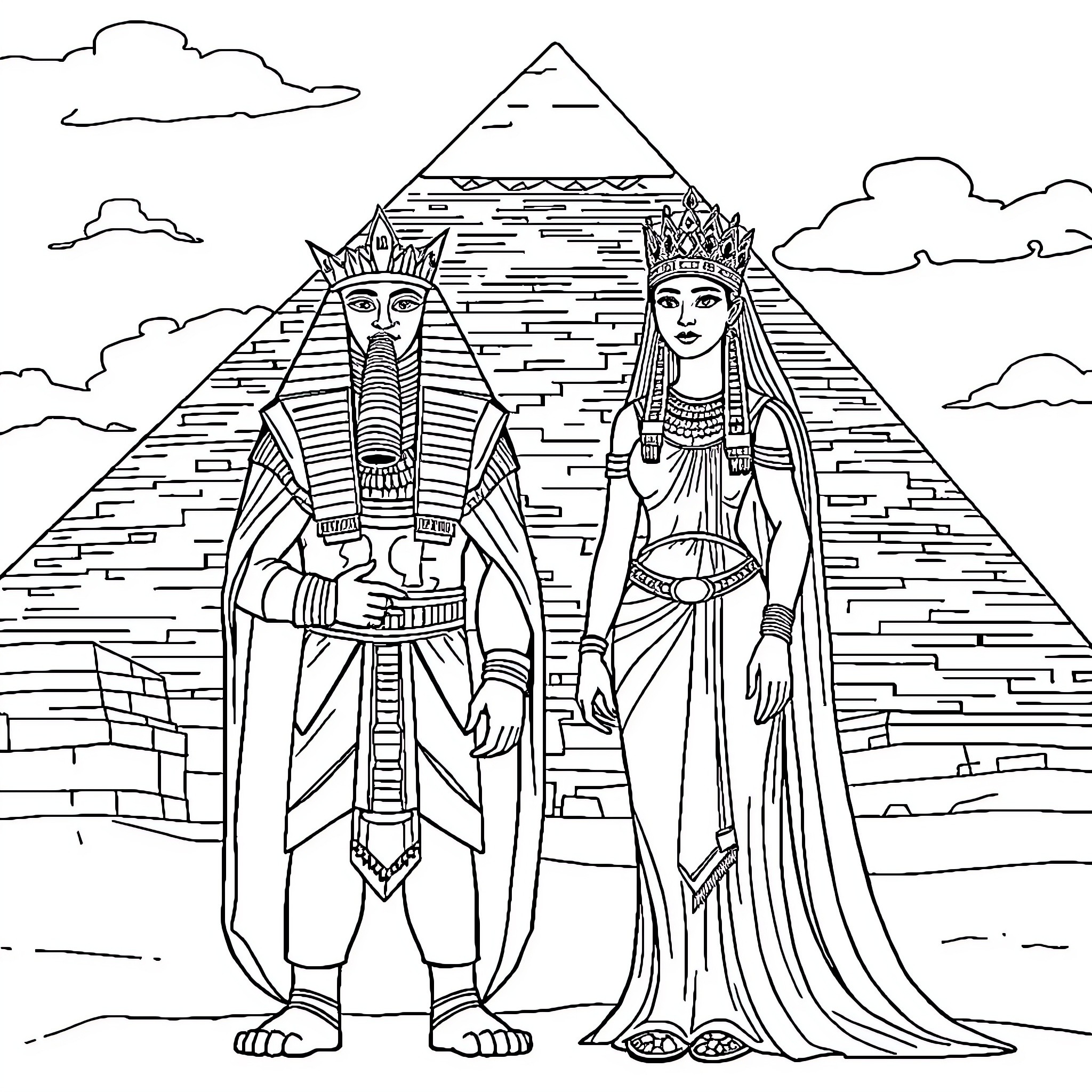 Egyptian King and Queen Standing Proudly Before a Pyramid Coloring Page (free black-and-white line drawing printable PDF for all, from beginners to advanced learners, including children, teens, adults, and seniors)