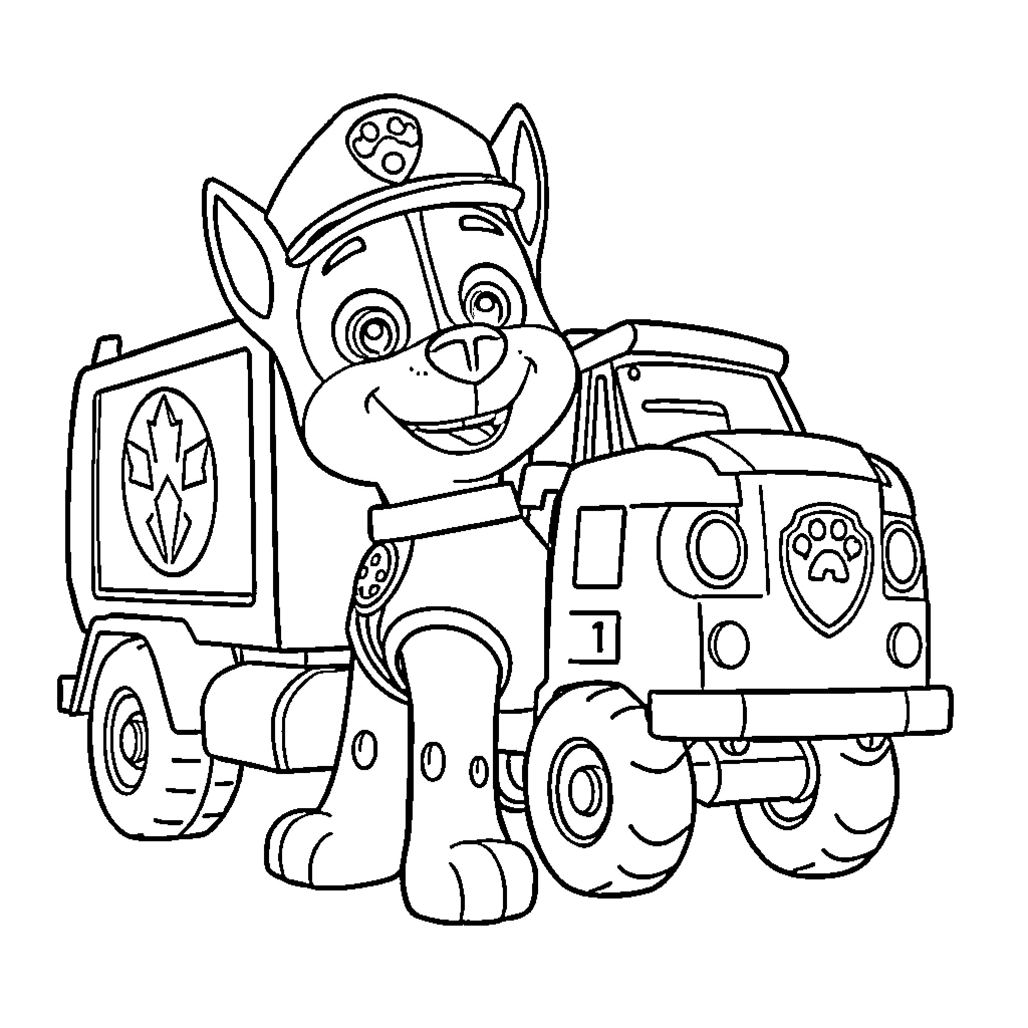 Rocky puppy patrol vehicle on a mission Coloring Page (free black-and-white line drawing printable PDF for all, from beginners to advanced learners, including children, teens, adults, and seniors)