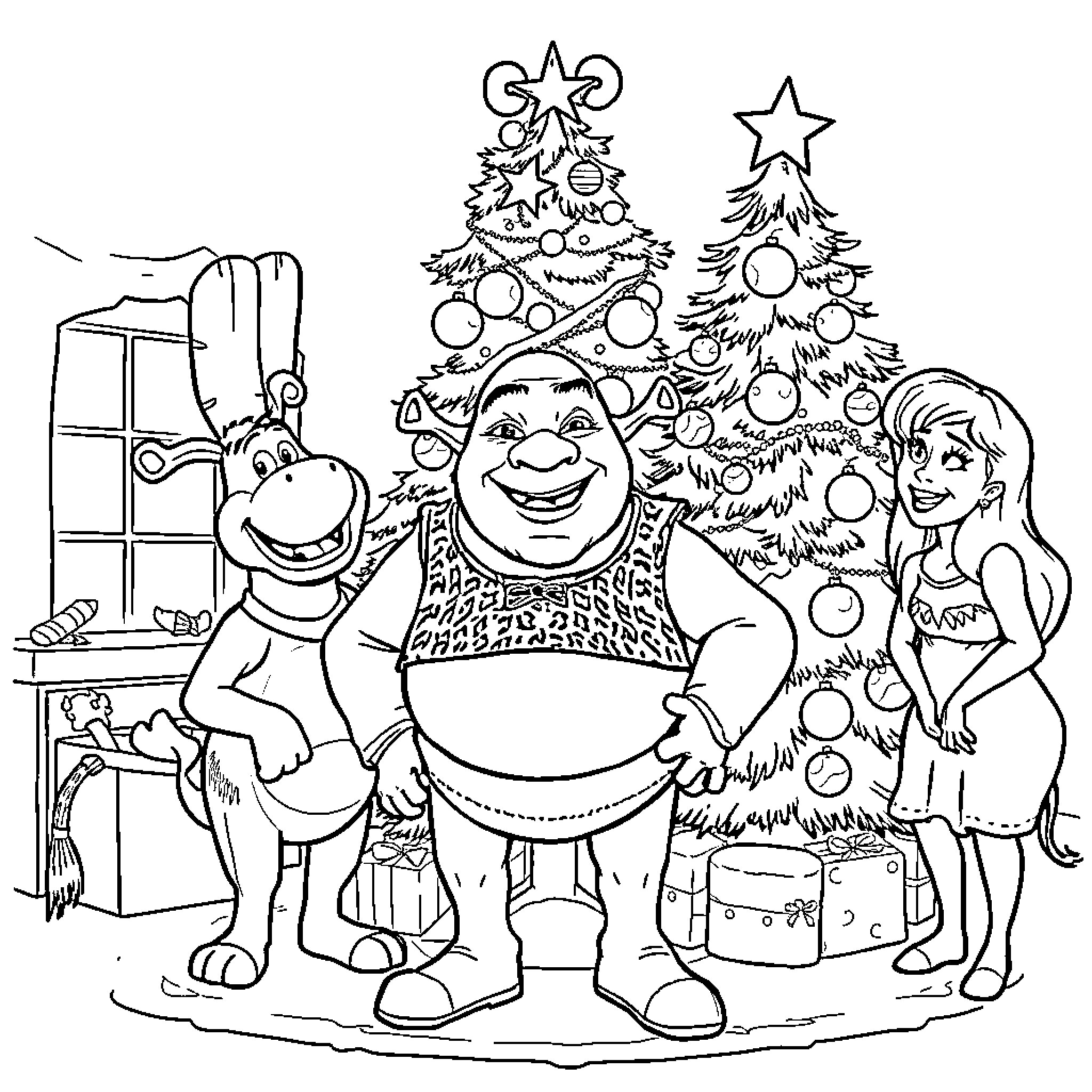Shrek and friends celebrate the Christmas season Coloring Page (free black-and-white line drawing printable PDF for all, from beginners to advanced learners, including children, teens, adults, and seniors)