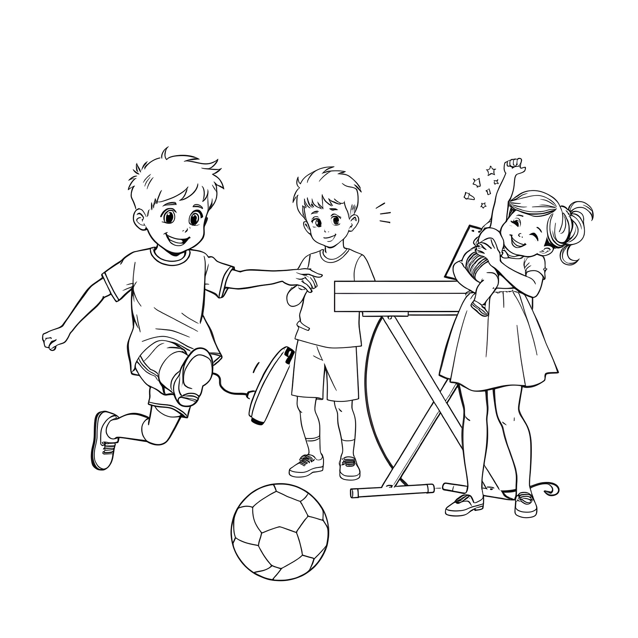 Boy Playing Soccer with Friends in the Backyard Coloring Page (free black-and-white line drawing printable PDF for all, from beginners to advanced learners, including children, teens, adults, and seniors)